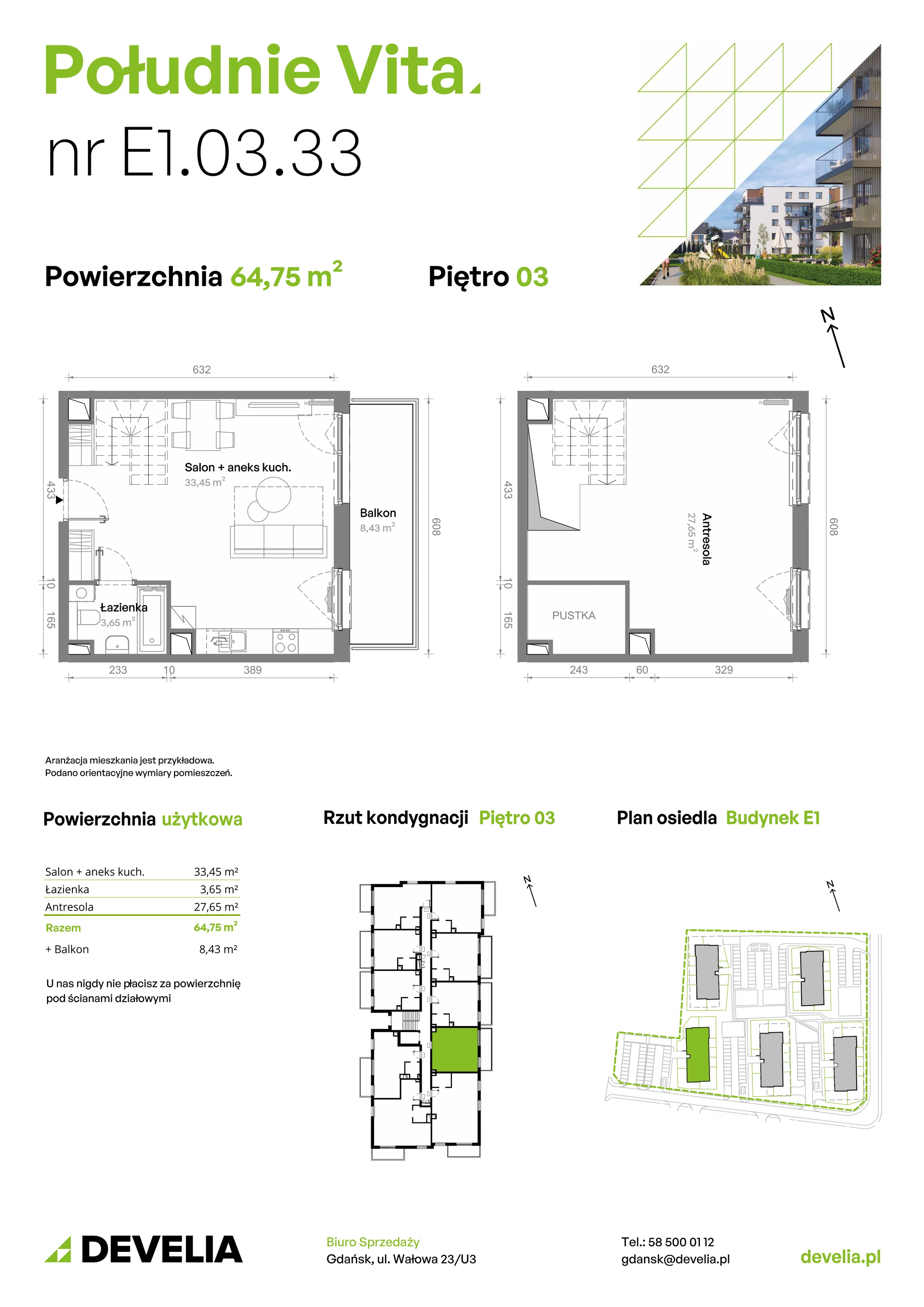 3 pokoje, mieszkanie 64,71 m², piętro 3, oferta nr E1.03.33, Południe Vita etap III, Gdańsk, Orunia Górna-Gdańsk Południe, ul. Kazimierza Wielkiego 