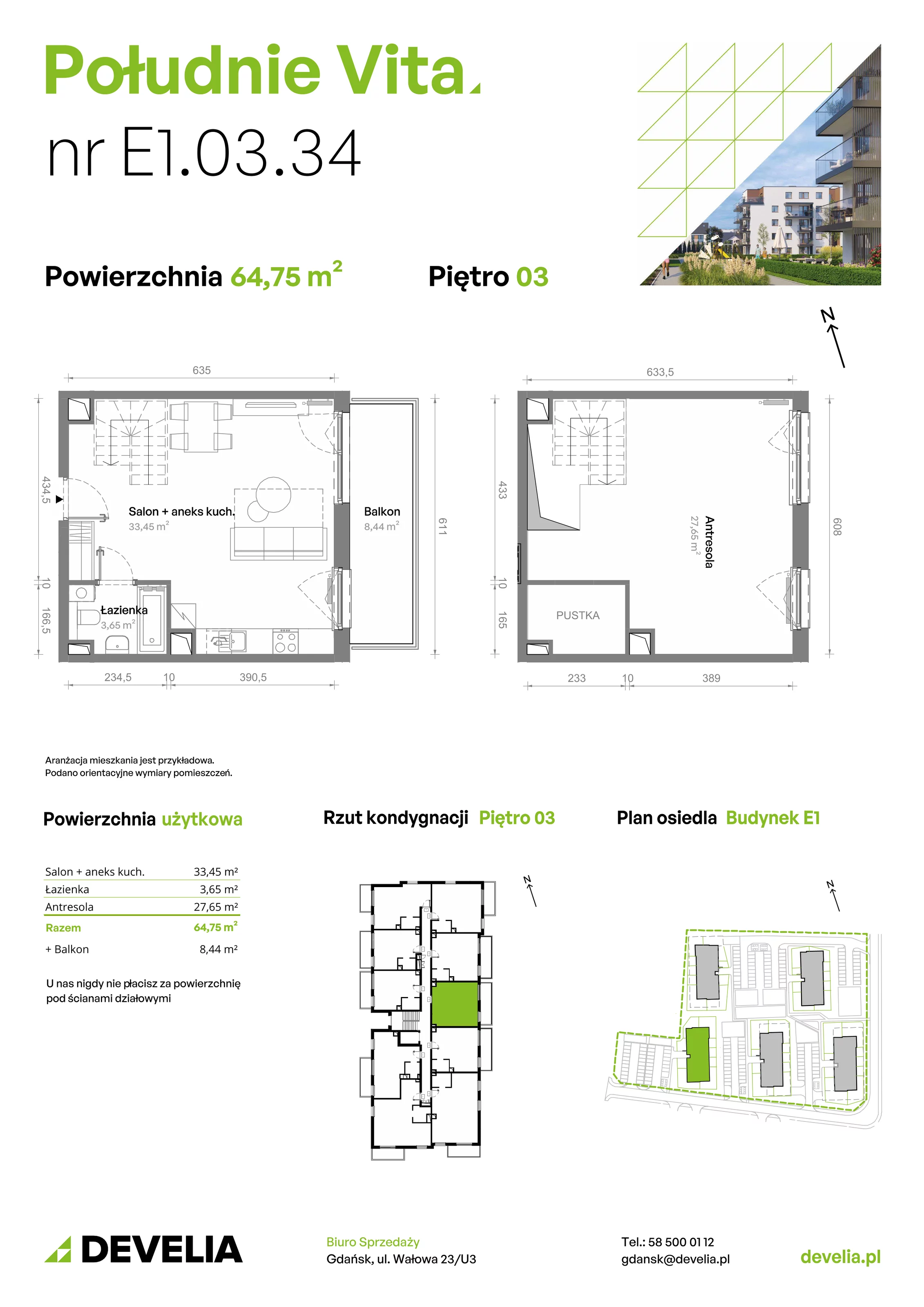 3 pokoje, mieszkanie 64,71 m², piętro 3, oferta nr E1.03.34, Południe Vita etap III, Gdańsk, Orunia Górna-Gdańsk Południe, ul. Kazimierza Wielkiego 