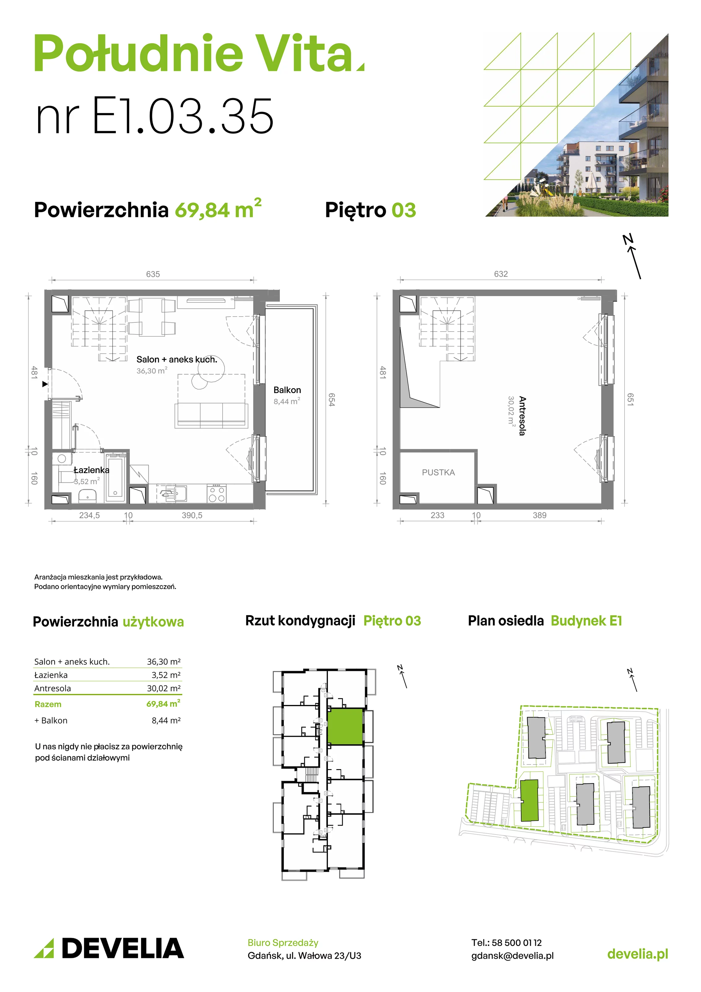 3 pokoje, mieszkanie 69,79 m², piętro 3, oferta nr E1.03.35, Południe Vita etap III, Gdańsk, Orunia Górna-Gdańsk Południe, ul. Kazimierza Wielkiego 