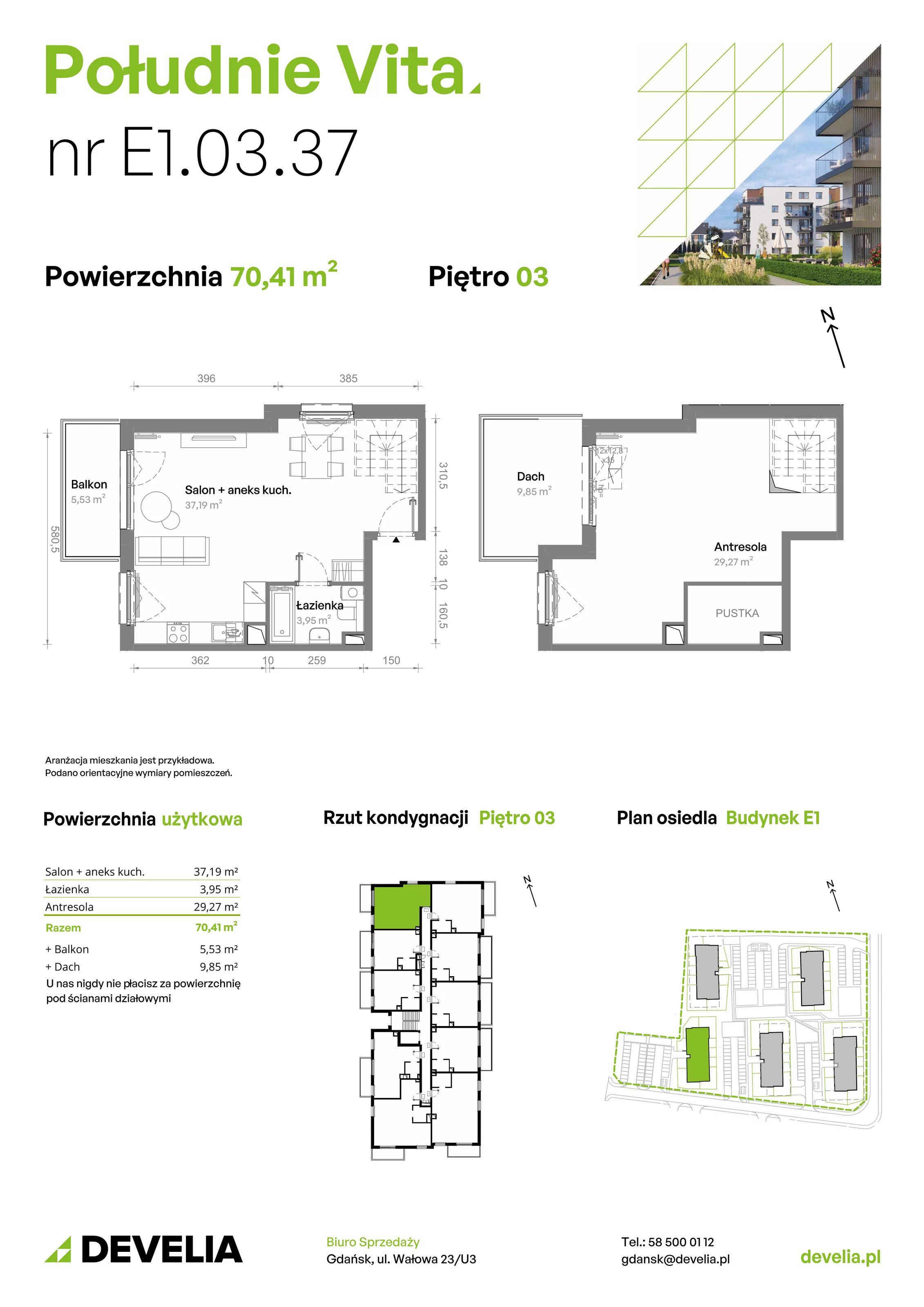 3 pokoje, mieszkanie 70,38 m², piętro 3, oferta nr E1.03.37, Południe Vita etap III, Gdańsk, Orunia Górna-Gdańsk Południe, ul. Kazimierza Wielkiego 