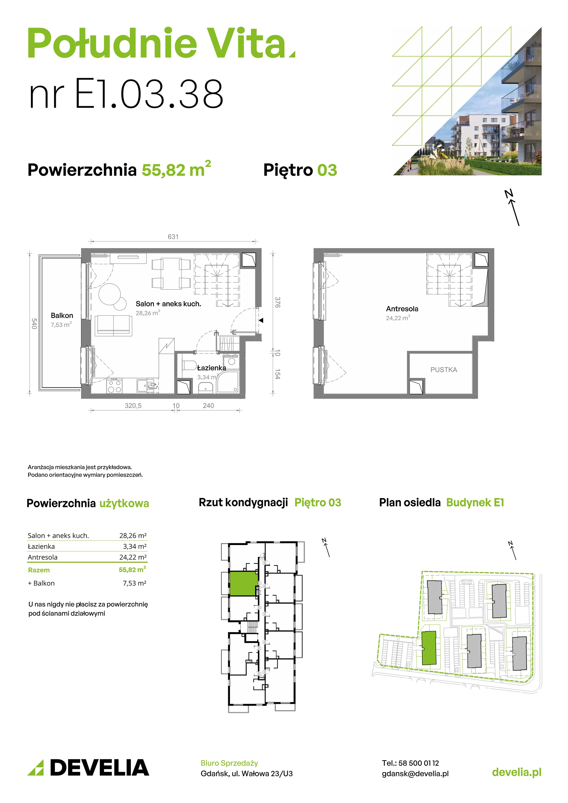 2 pokoje, mieszkanie 55,76 m², piętro 3, oferta nr E1.03.38, Południe Vita etap III, Gdańsk, Orunia Górna-Gdańsk Południe, ul. Kazimierza Wielkiego 