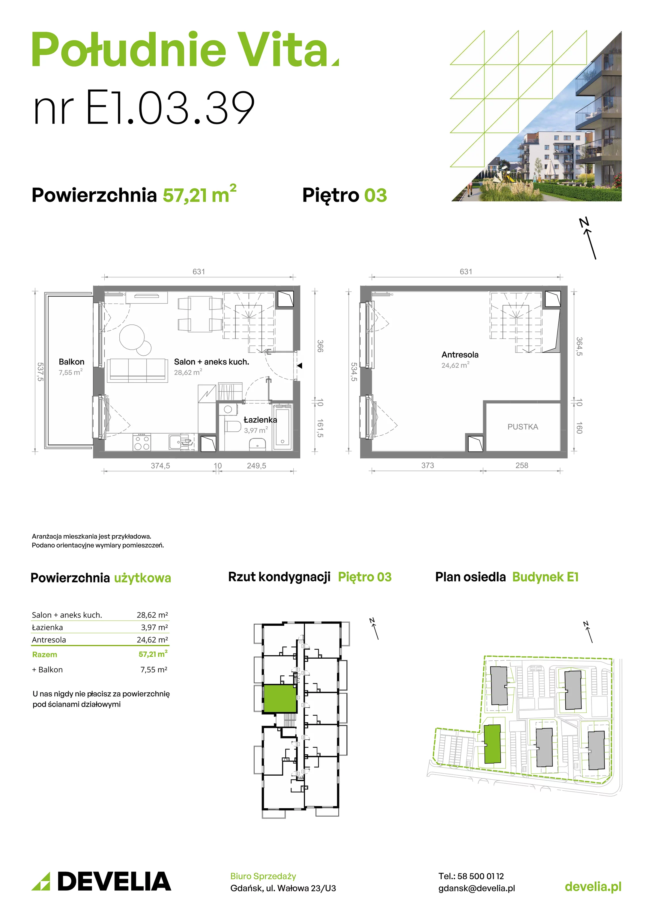 2 pokoje, mieszkanie 57,22 m², piętro 3, oferta nr E1.03.39, Południe Vita etap III, Gdańsk, Orunia Górna-Gdańsk Południe, ul. Kazimierza Wielkiego 