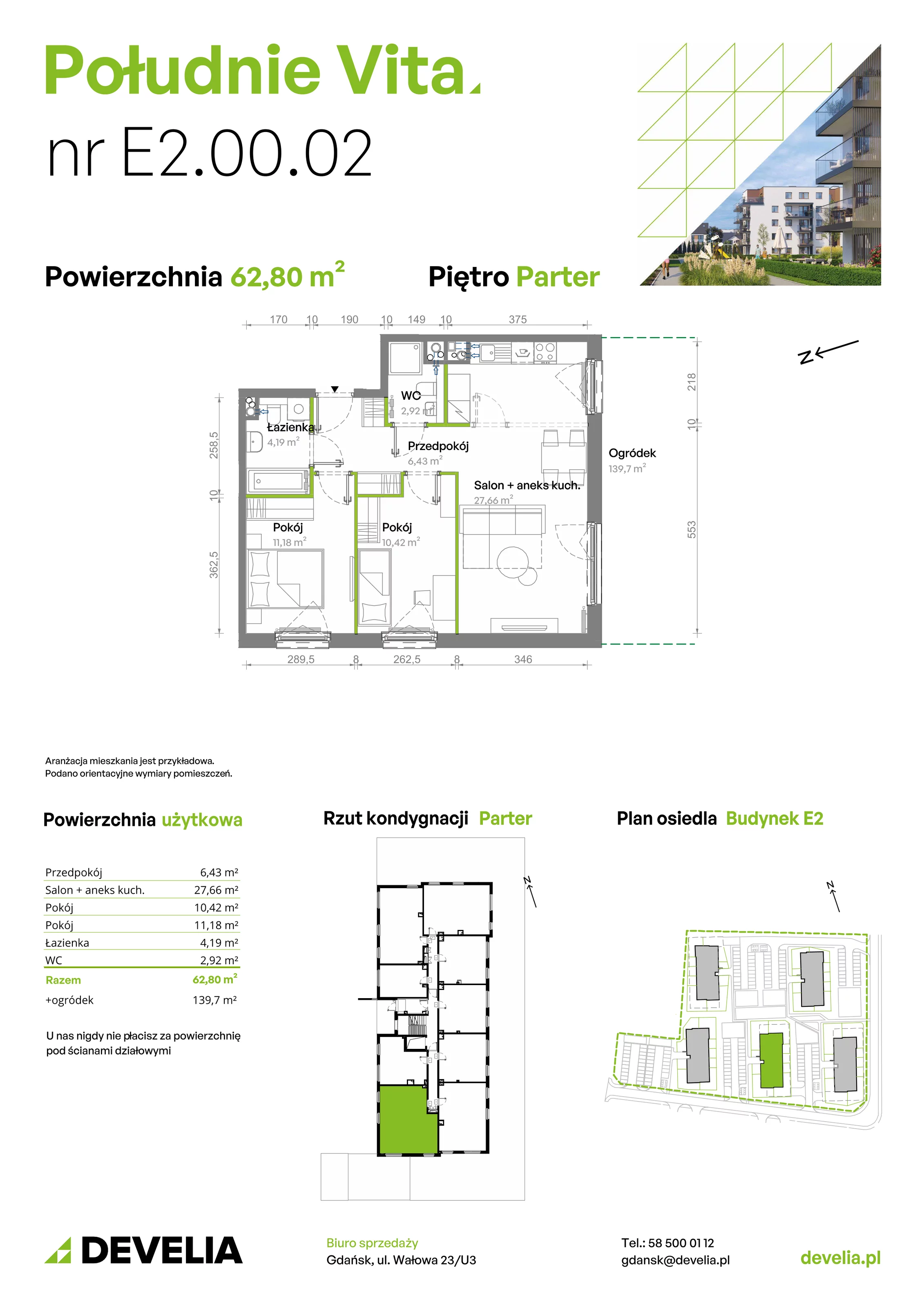 3 pokoje, mieszkanie 62,80 m², parter, oferta nr E2.00.02, Południe Vita etap III, Gdańsk, Orunia Górna-Gdańsk Południe, ul. Kazimierza Wielkiego 