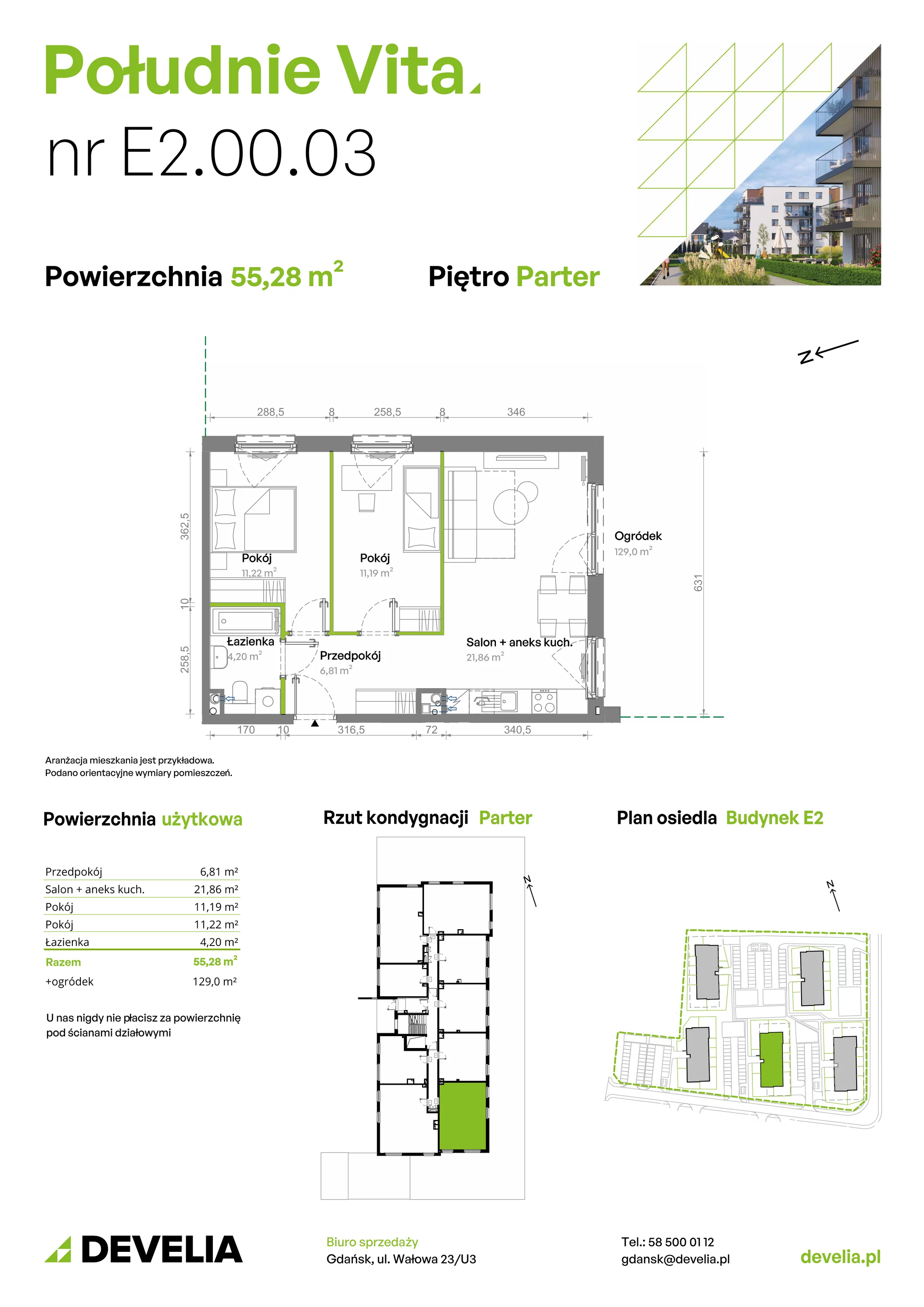 3 pokoje, mieszkanie 55,28 m², parter, oferta nr E2.00.03, Południe Vita etap III, Gdańsk, Orunia Górna-Gdańsk Południe, ul. Kazimierza Wielkiego 