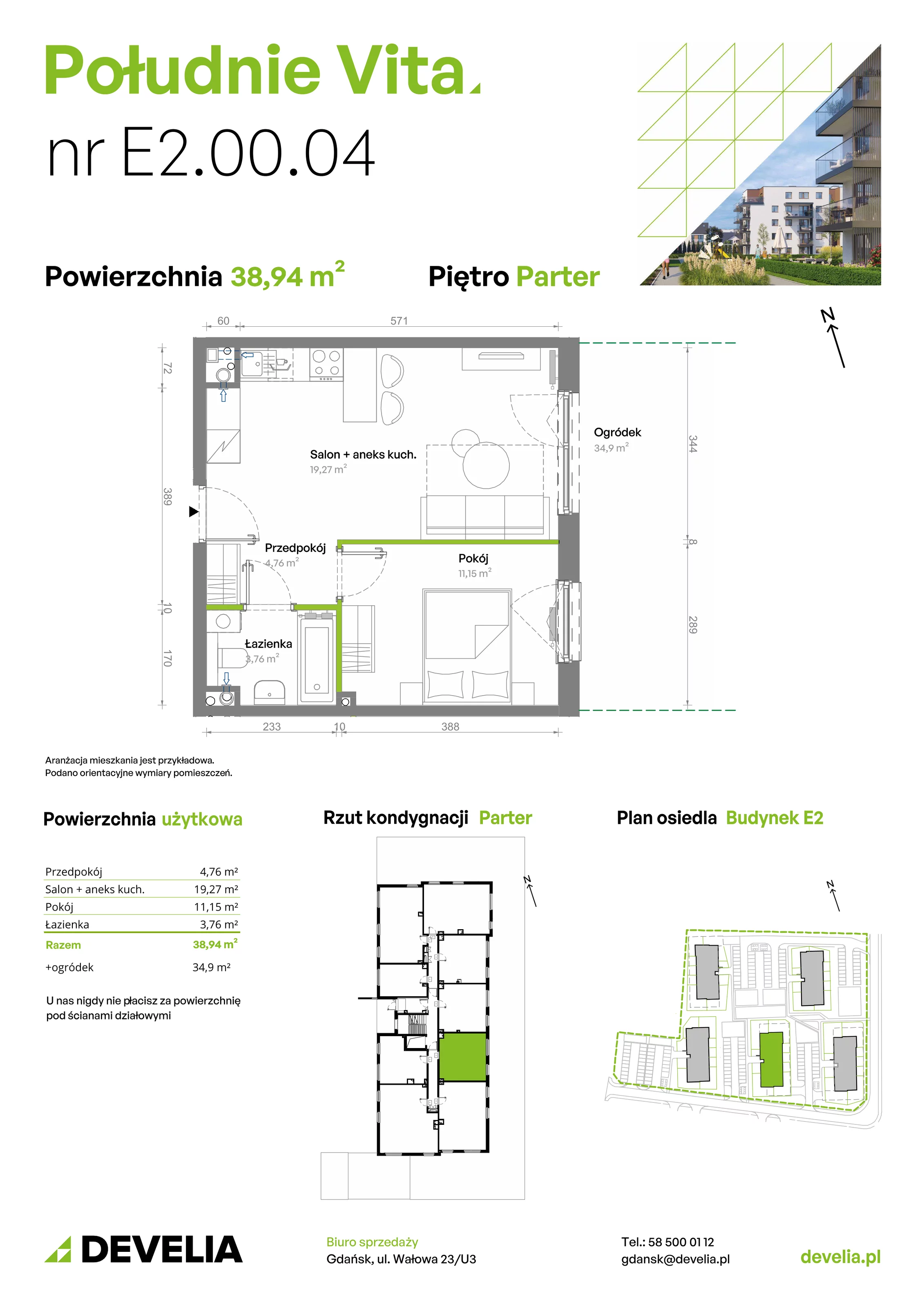 2 pokoje, mieszkanie 38,94 m², parter, oferta nr E2.00.04, Południe Vita etap III, Gdańsk, Orunia Górna-Gdańsk Południe, ul. Kazimierza Wielkiego 