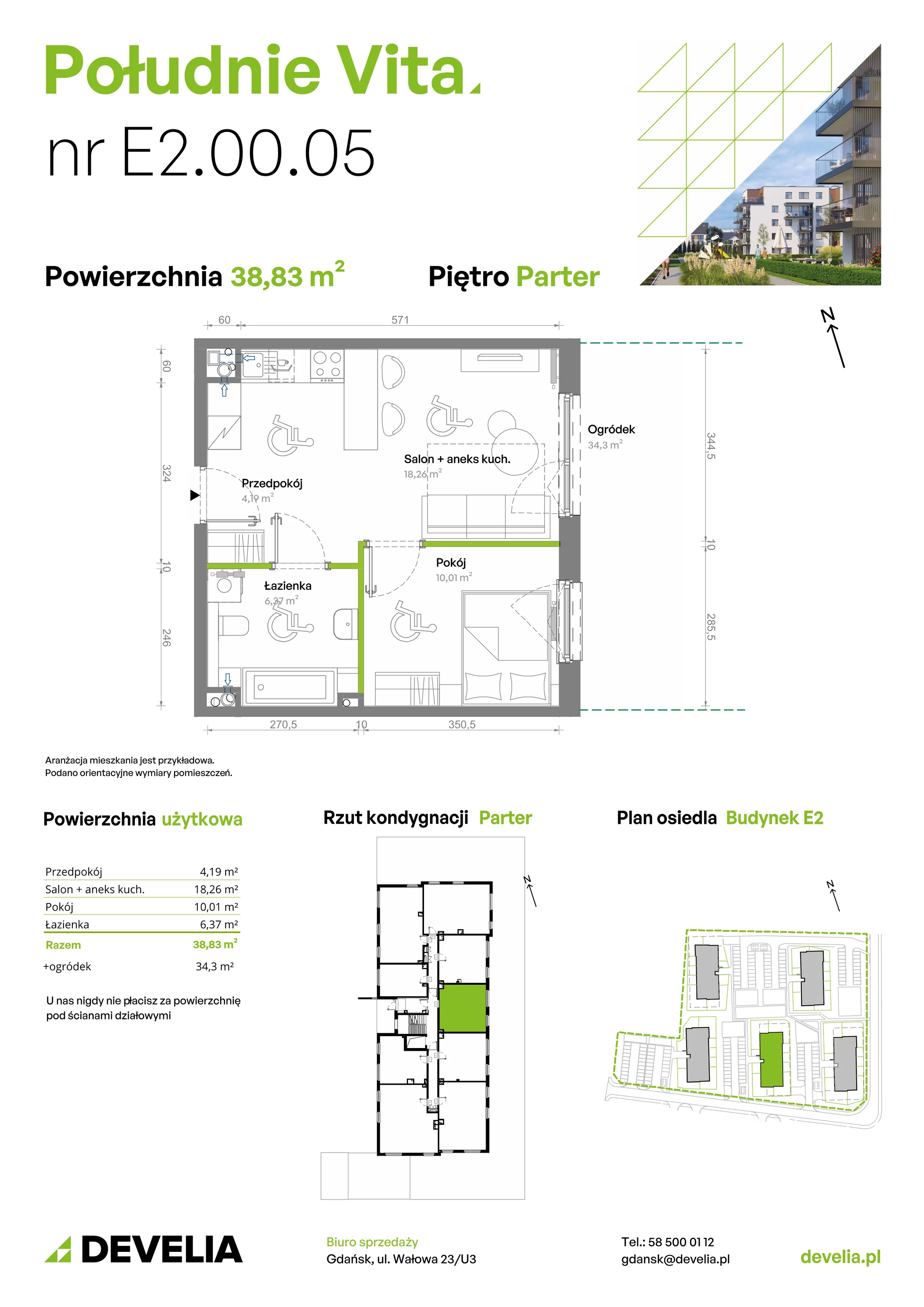 2 pokoje, mieszkanie 38,83 m², parter, oferta nr E2.00.05, Południe Vita etap III, Gdańsk, Orunia Górna-Gdańsk Południe, ul. Kazimierza Wielkiego 