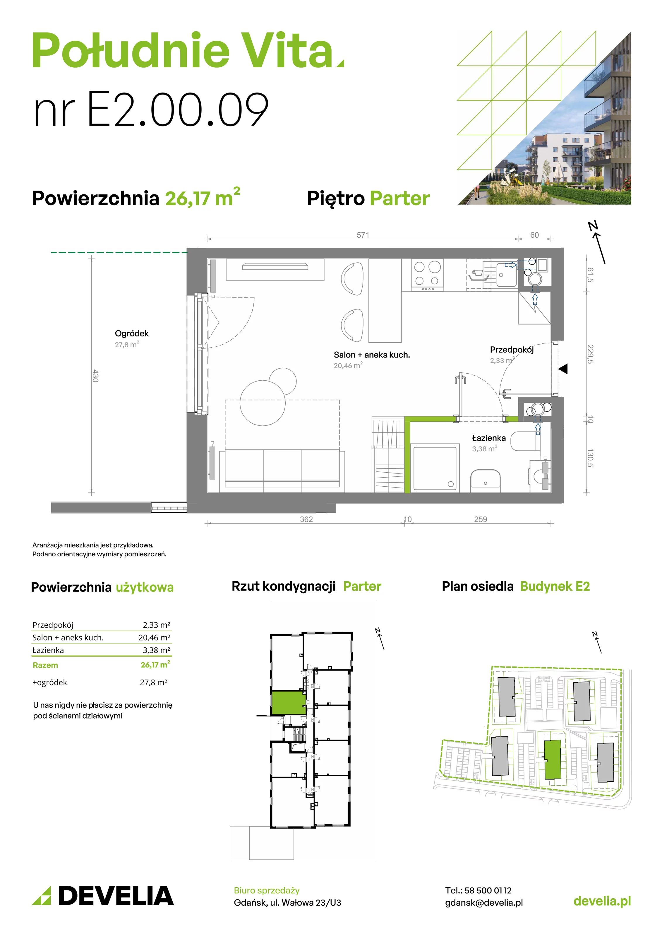 1 pokój, mieszkanie 26,17 m², parter, oferta nr E2.00.09, Południe Vita etap III, Gdańsk, Orunia Górna-Gdańsk Południe, ul. Kazimierza Wielkiego 