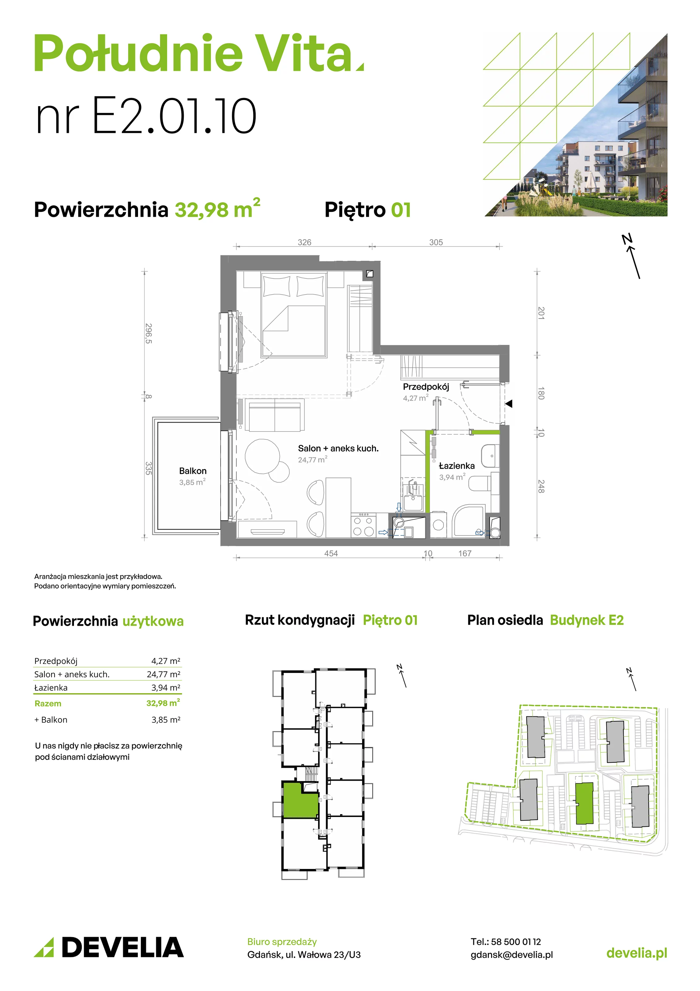 Mieszkanie 32,98 m², piętro 1, oferta nr E2.01.10, Południe Vita etap III, Gdańsk, Orunia Górna-Gdańsk Południe, ul. Kazimierza Wielkiego 