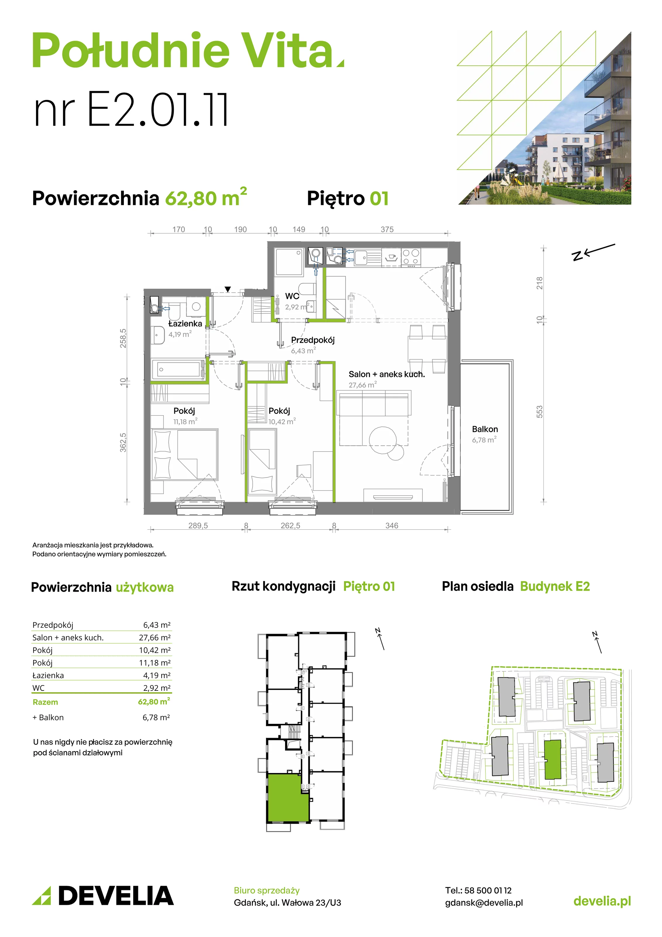 3 pokoje, mieszkanie 62,80 m², piętro 1, oferta nr E2.01.11, Południe Vita etap III, Gdańsk, Orunia Górna-Gdańsk Południe, ul. Kazimierza Wielkiego 