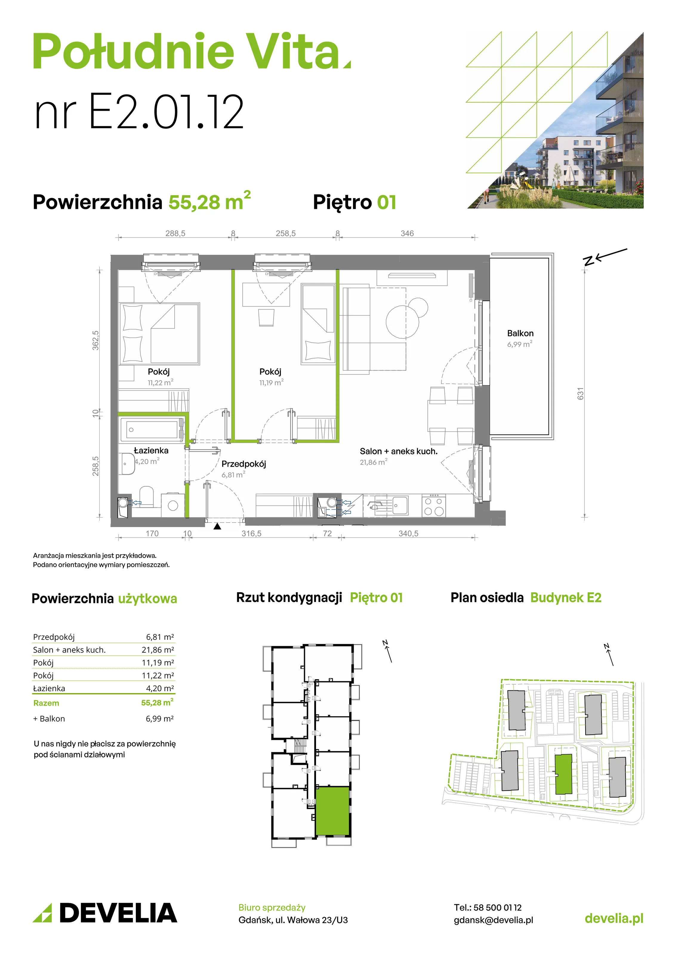 3 pokoje, mieszkanie 55,28 m², piętro 1, oferta nr E2.01.12, Południe Vita etap III, Gdańsk, Orunia Górna-Gdańsk Południe, ul. Kazimierza Wielkiego 