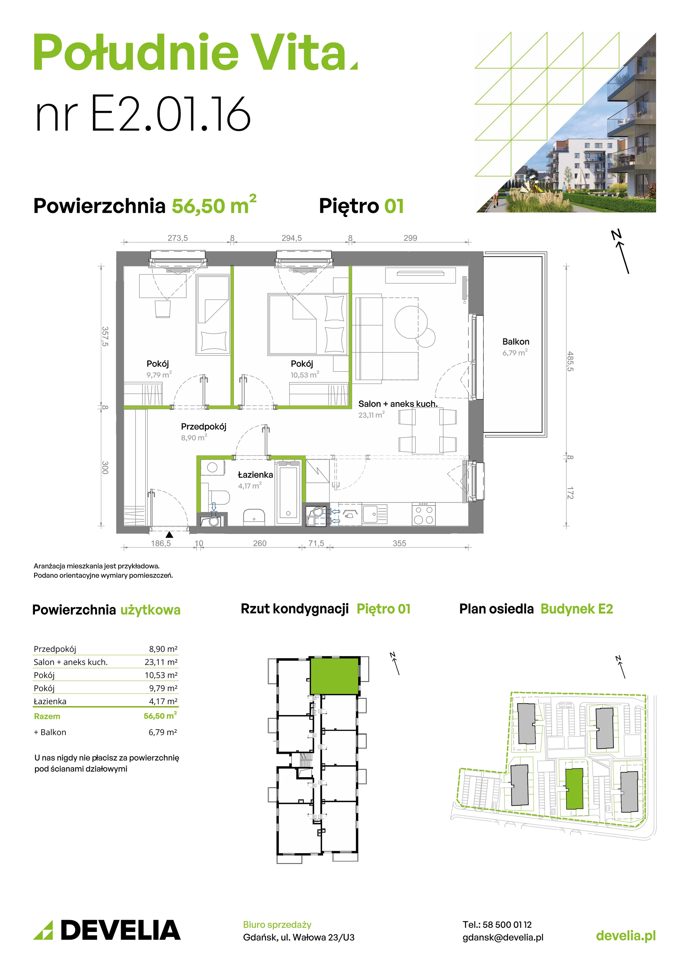 3 pokoje, mieszkanie 56,49 m², piętro 1, oferta nr E2.01.16, Południe Vita etap III, Gdańsk, Orunia Górna-Gdańsk Południe, ul. Kazimierza Wielkiego 