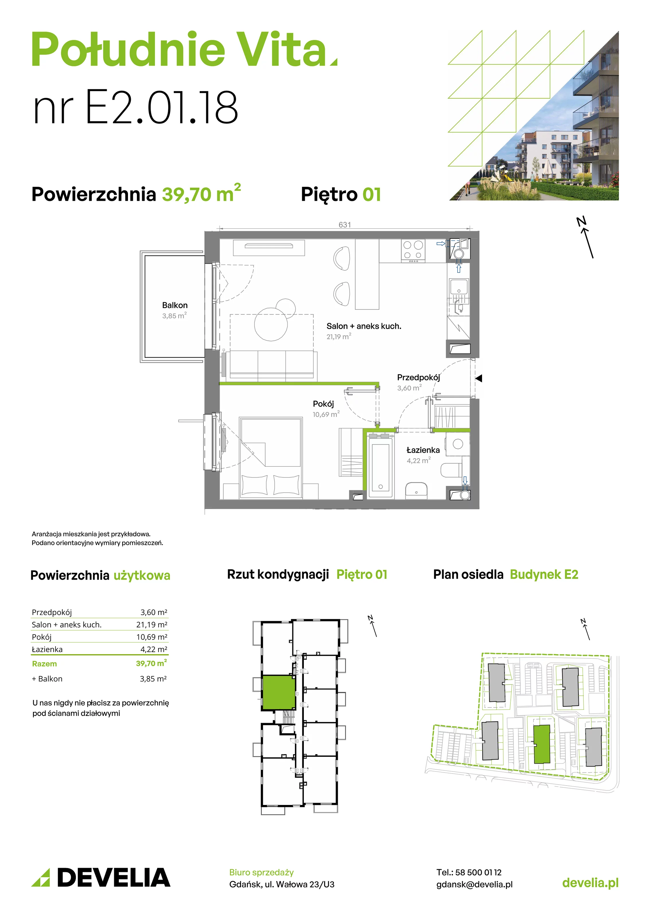 2 pokoje, mieszkanie 39,70 m², piętro 1, oferta nr E2.01.18, Południe Vita etap III, Gdańsk, Orunia Górna-Gdańsk Południe, ul. Kazimierza Wielkiego 