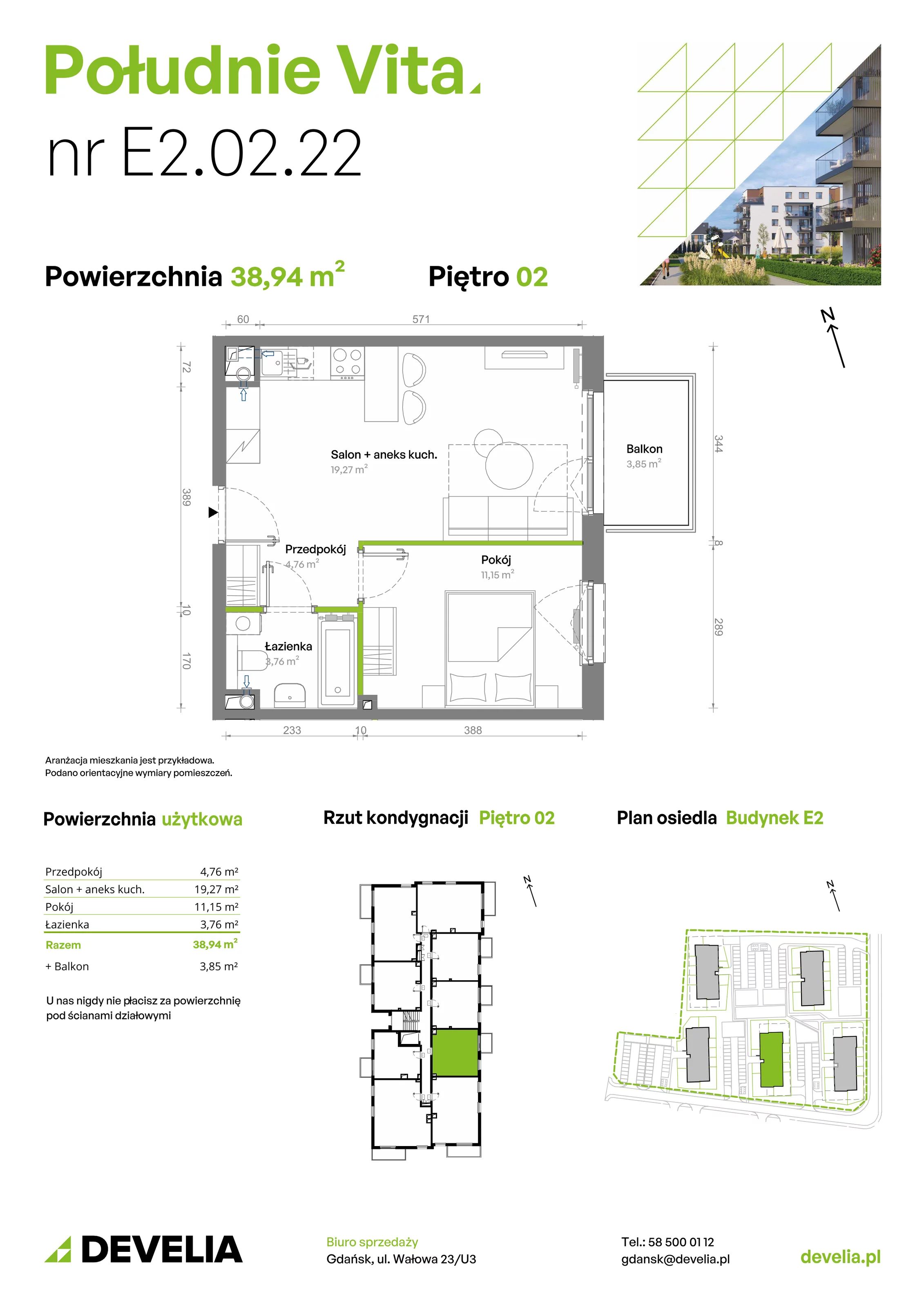 2 pokoje, mieszkanie 38,94 m², piętro 2, oferta nr E2.02.22, Południe Vita etap III, Gdańsk, Orunia Górna-Gdańsk Południe, ul. Kazimierza Wielkiego 