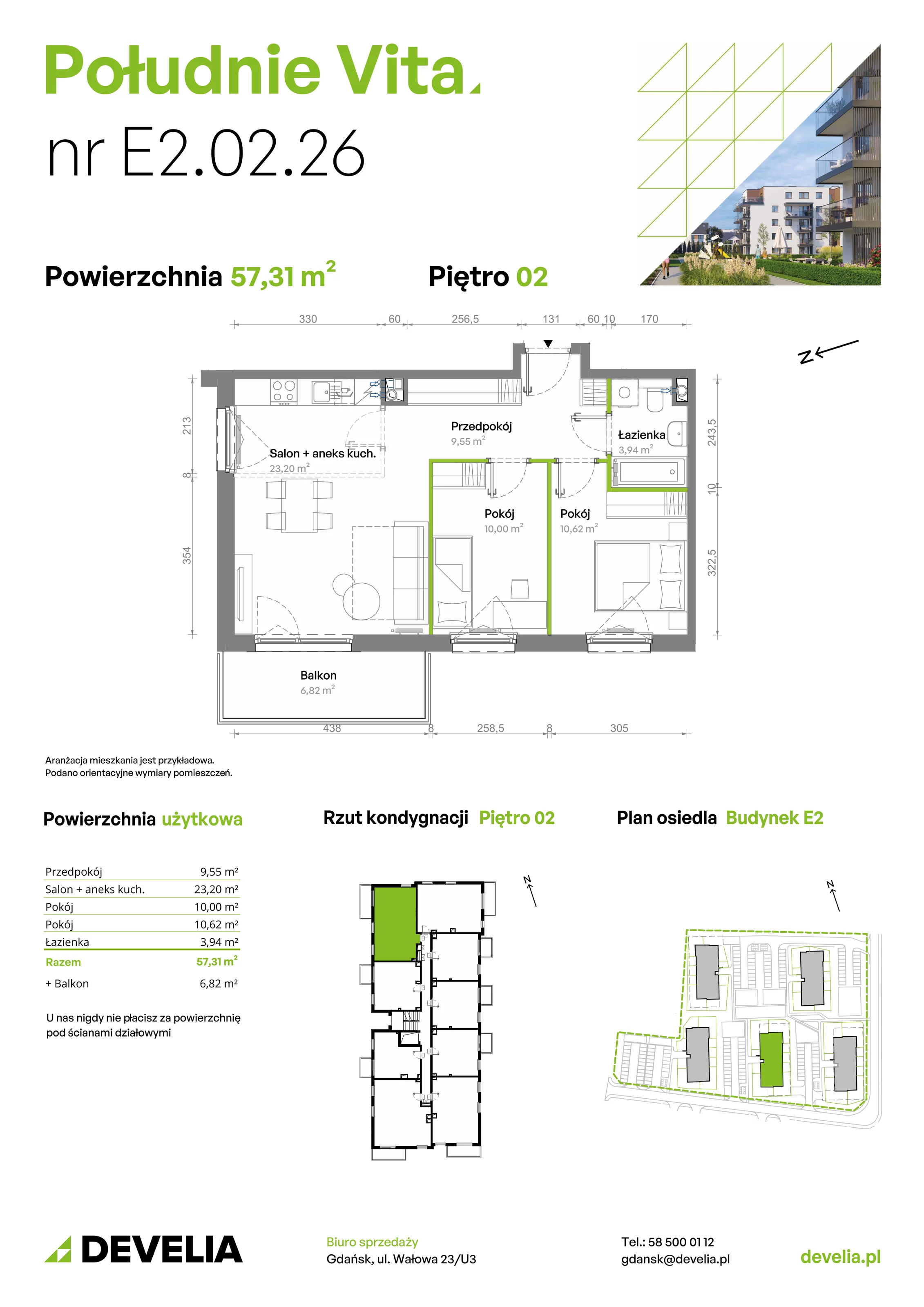 3 pokoje, mieszkanie 57,31 m², piętro 2, oferta nr E2.02.26, Południe Vita etap III, Gdańsk, Orunia Górna-Gdańsk Południe, ul. Kazimierza Wielkiego 