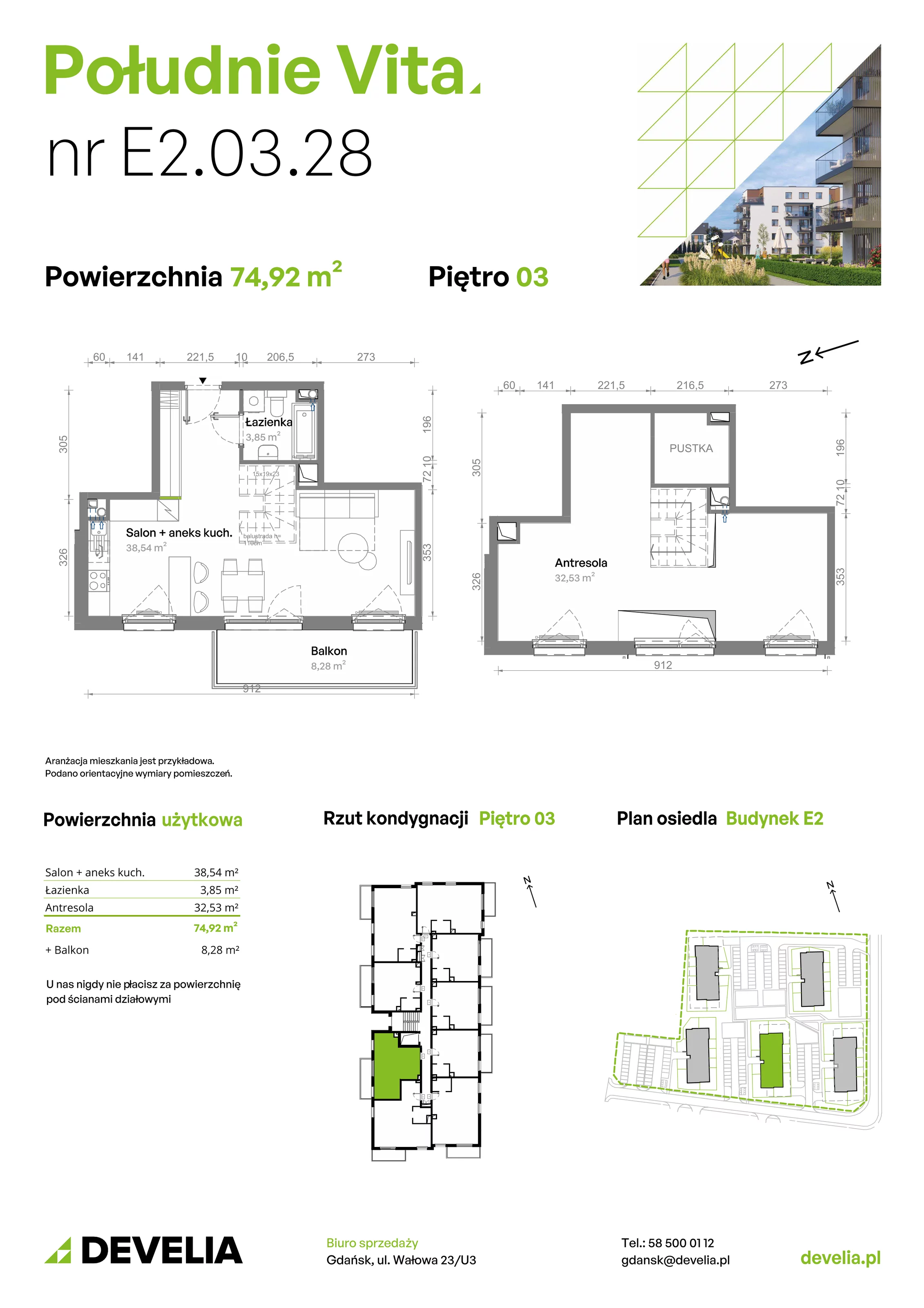 3 pokoje, mieszkanie 74,92 m², piętro 3, oferta nr E2.03.28, Południe Vita etap III, Gdańsk, Orunia Górna-Gdańsk Południe, ul. Kazimierza Wielkiego 