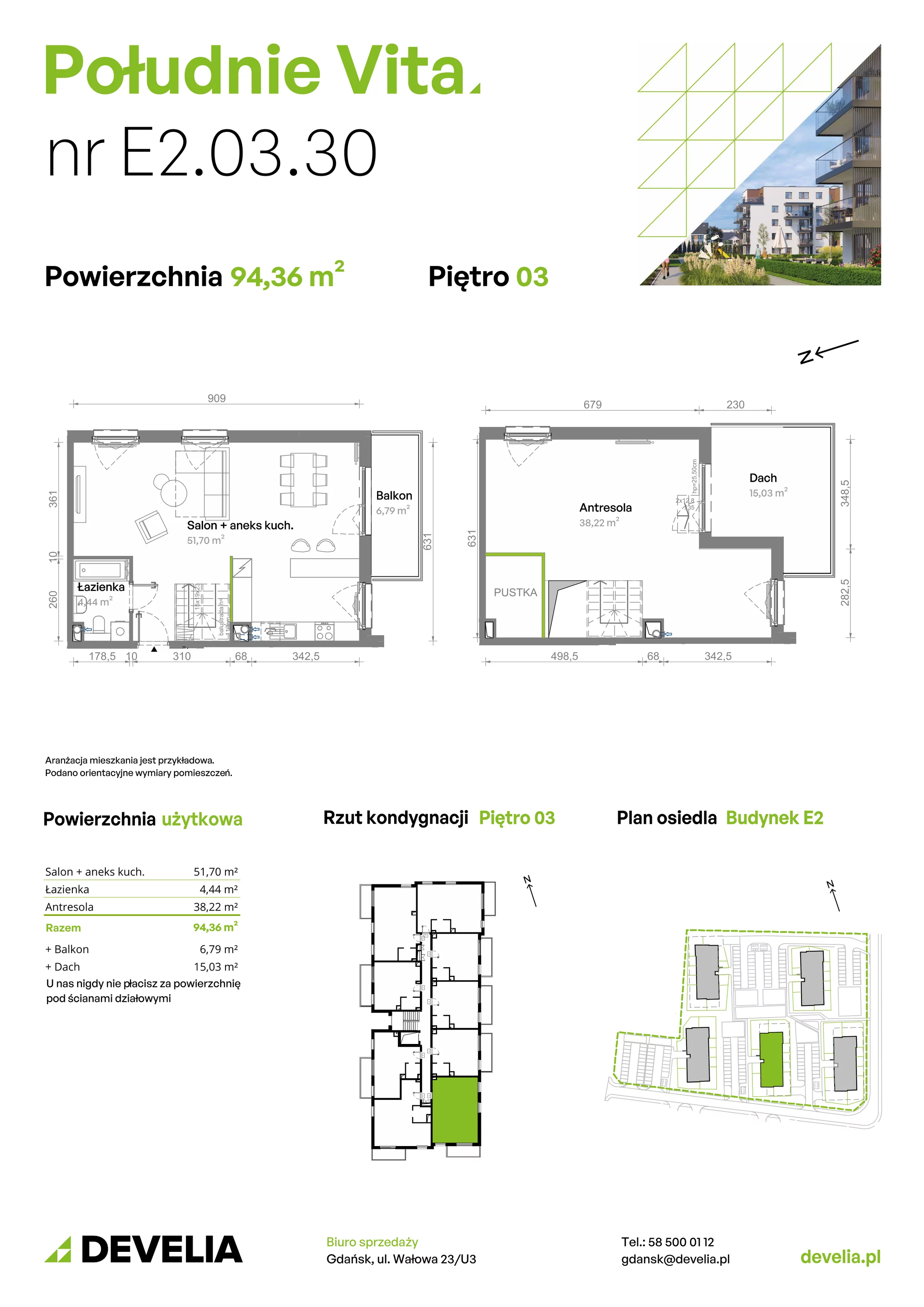 4 pokoje, mieszkanie 94,36 m², piętro 3, oferta nr E2.03.30, Południe Vita etap III, Gdańsk, Orunia Górna-Gdańsk Południe, ul. Kazimierza Wielkiego 