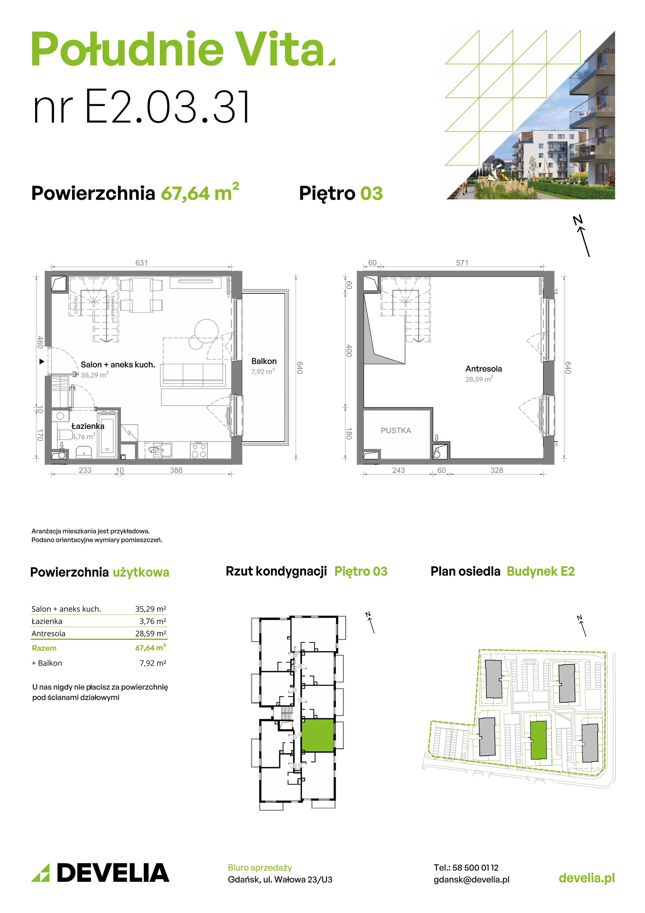 3 pokoje, mieszkanie 67,64 m², piętro 3, oferta nr E2.03.31, Południe Vita etap III, Gdańsk, Orunia Górna-Gdańsk Południe, ul. Kazimierza Wielkiego 