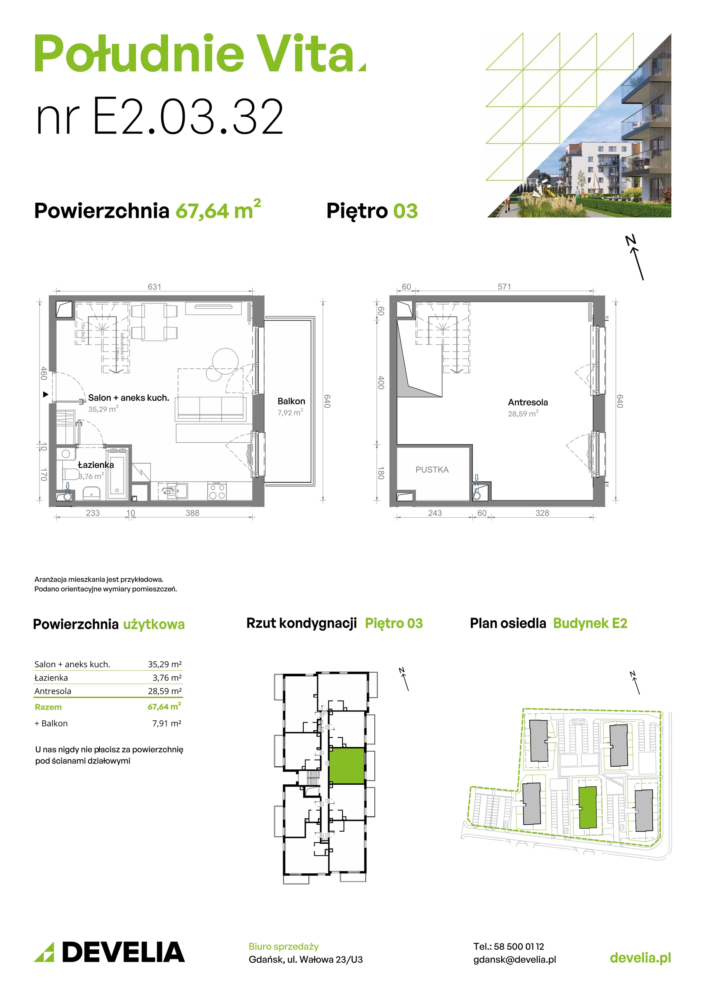 3 pokoje, mieszkanie 67,64 m², piętro 3, oferta nr E2.03.32, Południe Vita etap III, Gdańsk, Orunia Górna-Gdańsk Południe, ul. Kazimierza Wielkiego 