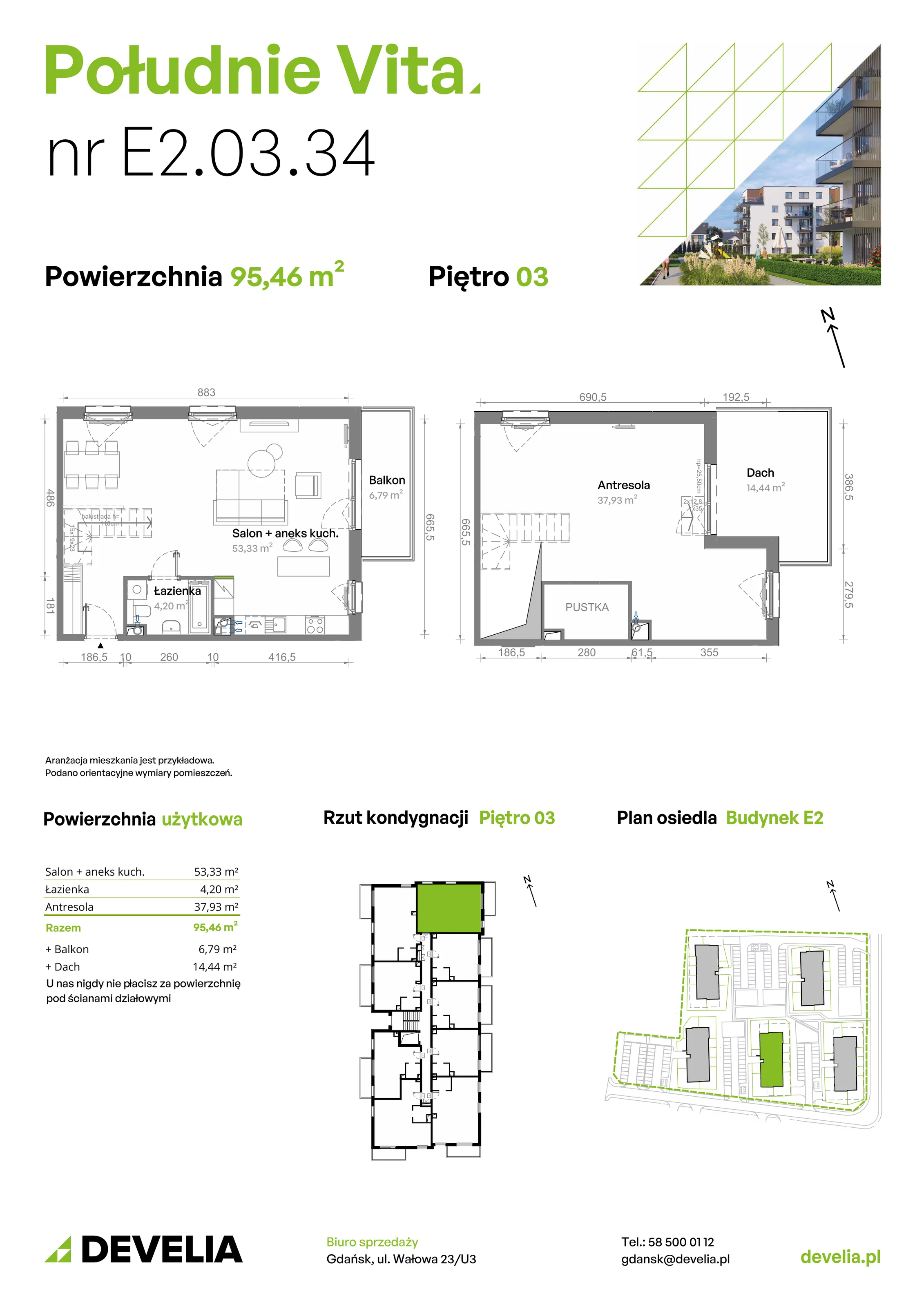 4 pokoje, mieszkanie 95,46 m², piętro 3, oferta nr E2.03.34, Południe Vita etap III, Gdańsk, Orunia Górna-Gdańsk Południe, ul. Kazimierza Wielkiego 