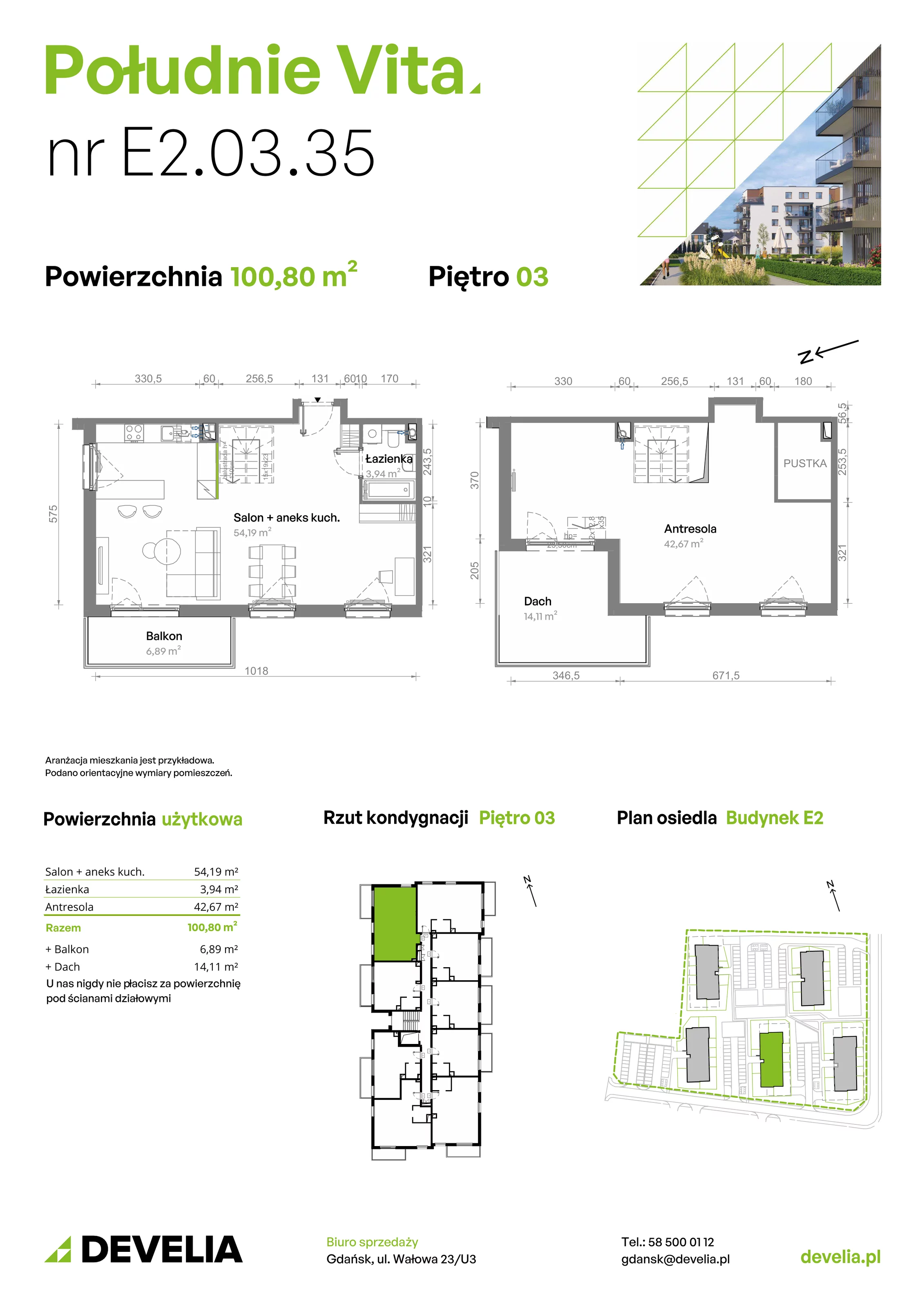 4 pokoje, mieszkanie 100,80 m², piętro 3, oferta nr E2.03.35, Południe Vita etap III, Gdańsk, Orunia Górna-Gdańsk Południe, ul. Kazimierza Wielkiego 