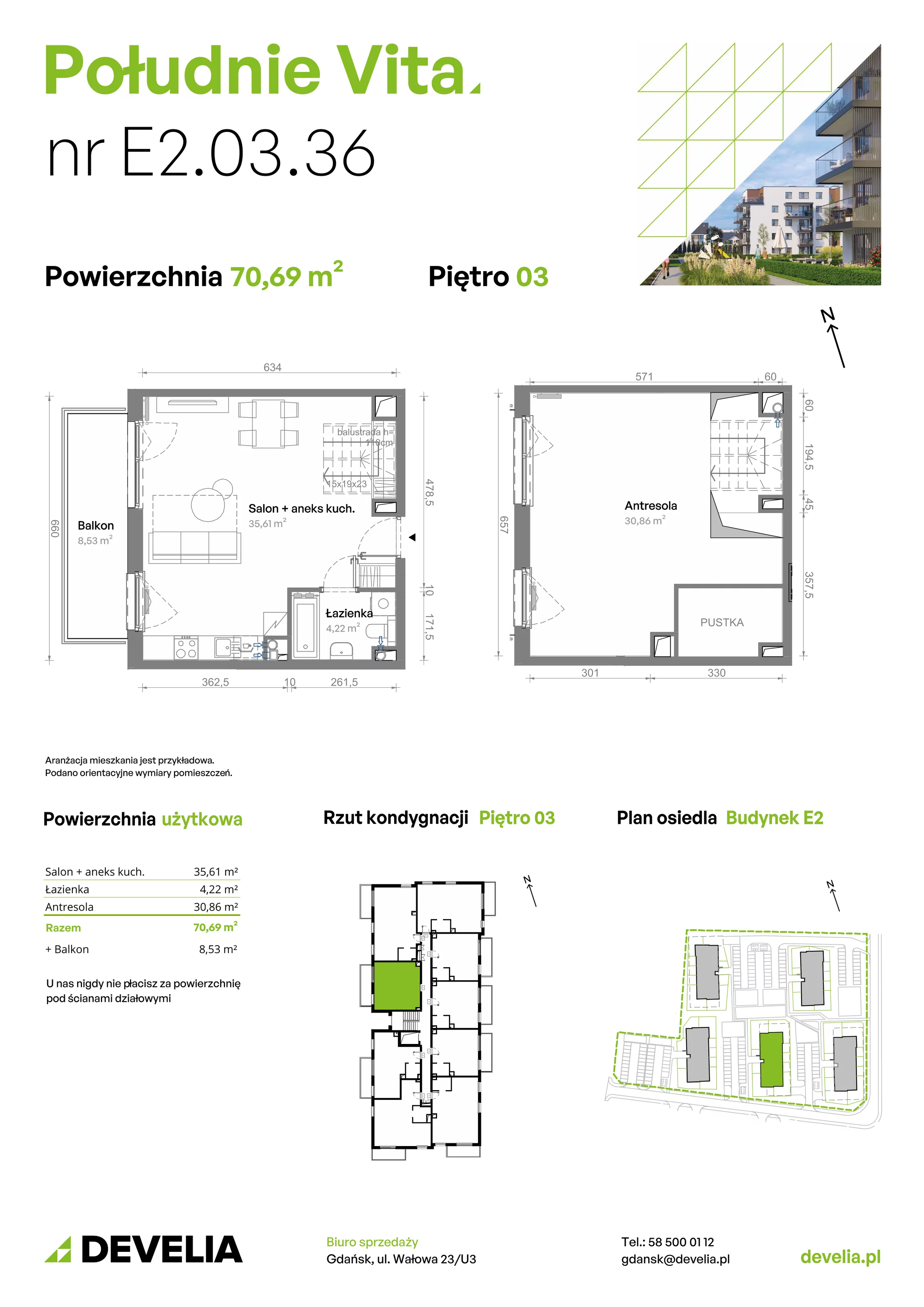 3 pokoje, mieszkanie 70,69 m², piętro 3, oferta nr E2.03.36, Południe Vita etap III, Gdańsk, Orunia Górna-Gdańsk Południe, ul. Kazimierza Wielkiego 