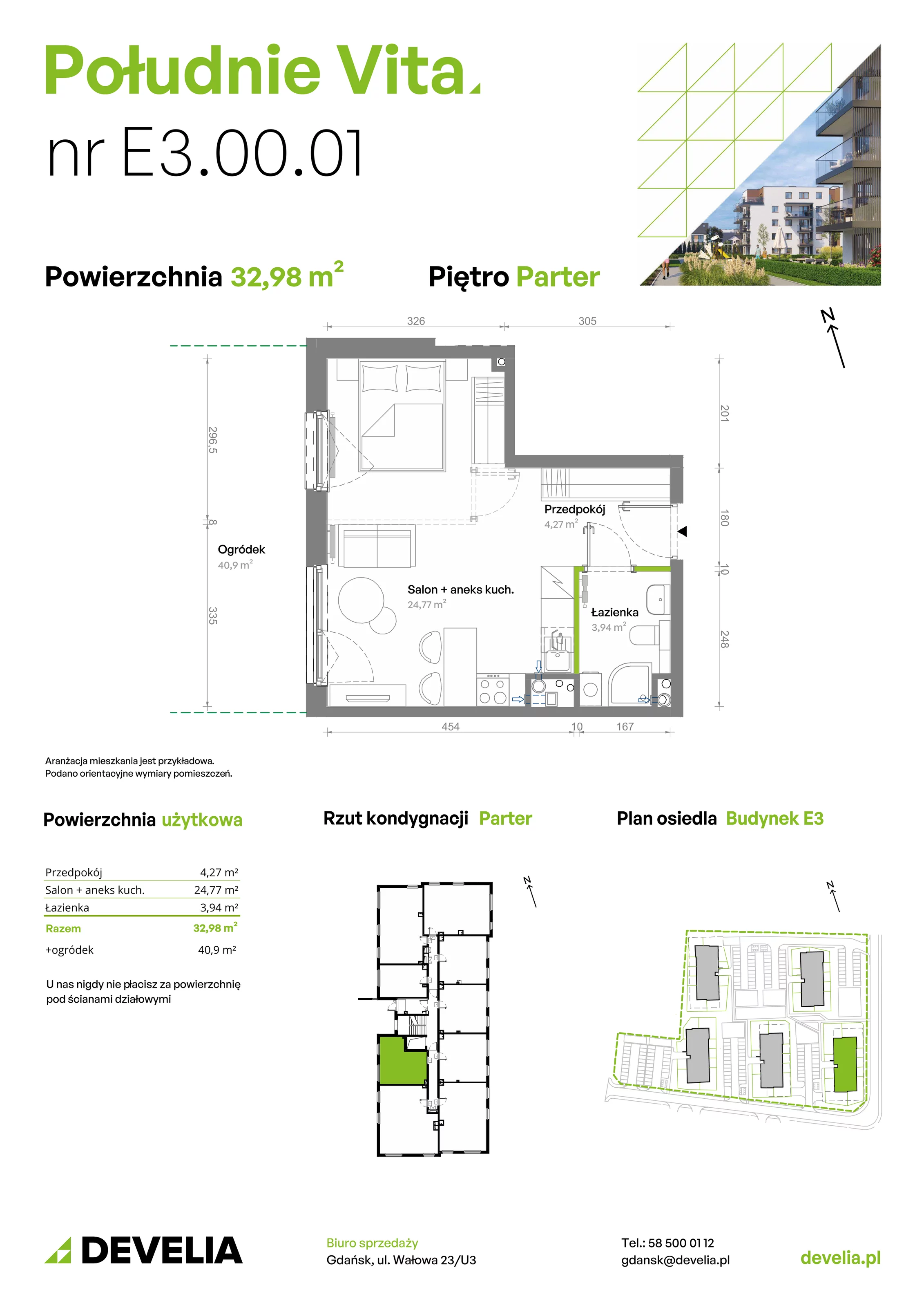 Mieszkanie 32,98 m², parter, oferta nr E3.00.01, Południe Vita etap III, Gdańsk, Orunia Górna-Gdańsk Południe, ul. Kazimierza Wielkiego 