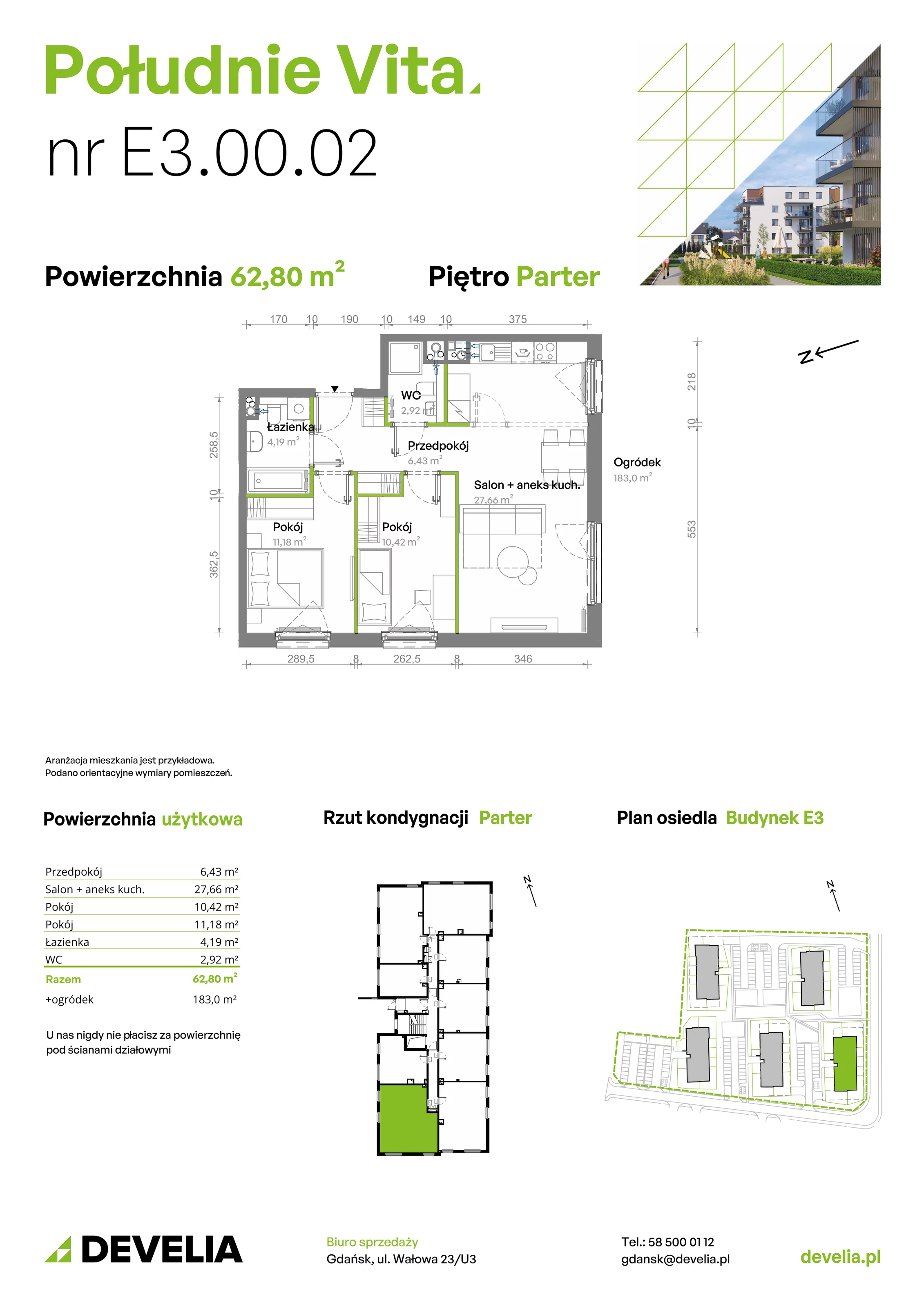 3 pokoje, mieszkanie 62,80 m², parter, oferta nr E3.00.02, Południe Vita etap III, Gdańsk, Orunia Górna-Gdańsk Południe, ul. Kazimierza Wielkiego 