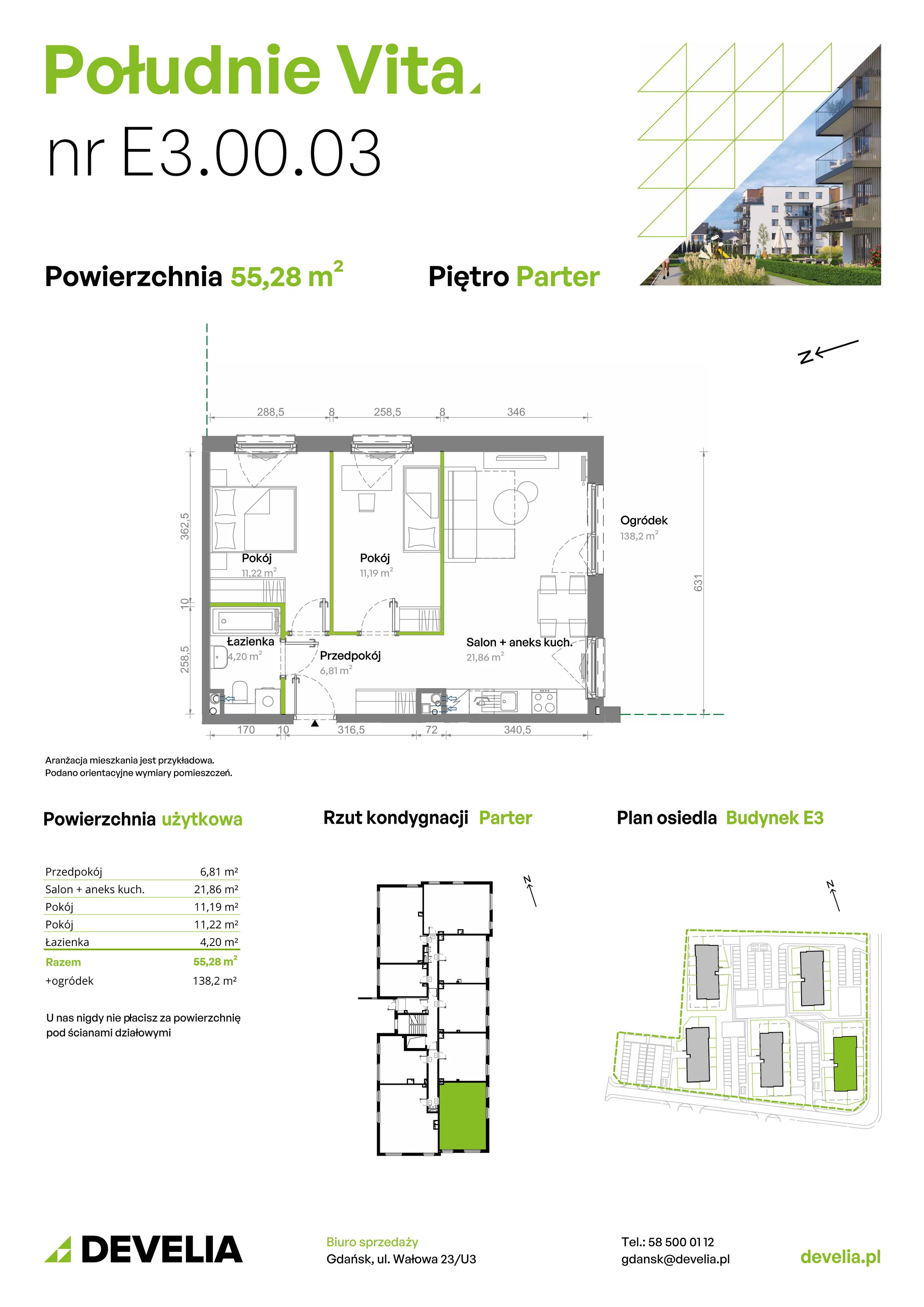 3 pokoje, mieszkanie 55,28 m², parter, oferta nr E3.00.03, Południe Vita etap III, Gdańsk, Orunia Górna-Gdańsk Południe, ul. Kazimierza Wielkiego 