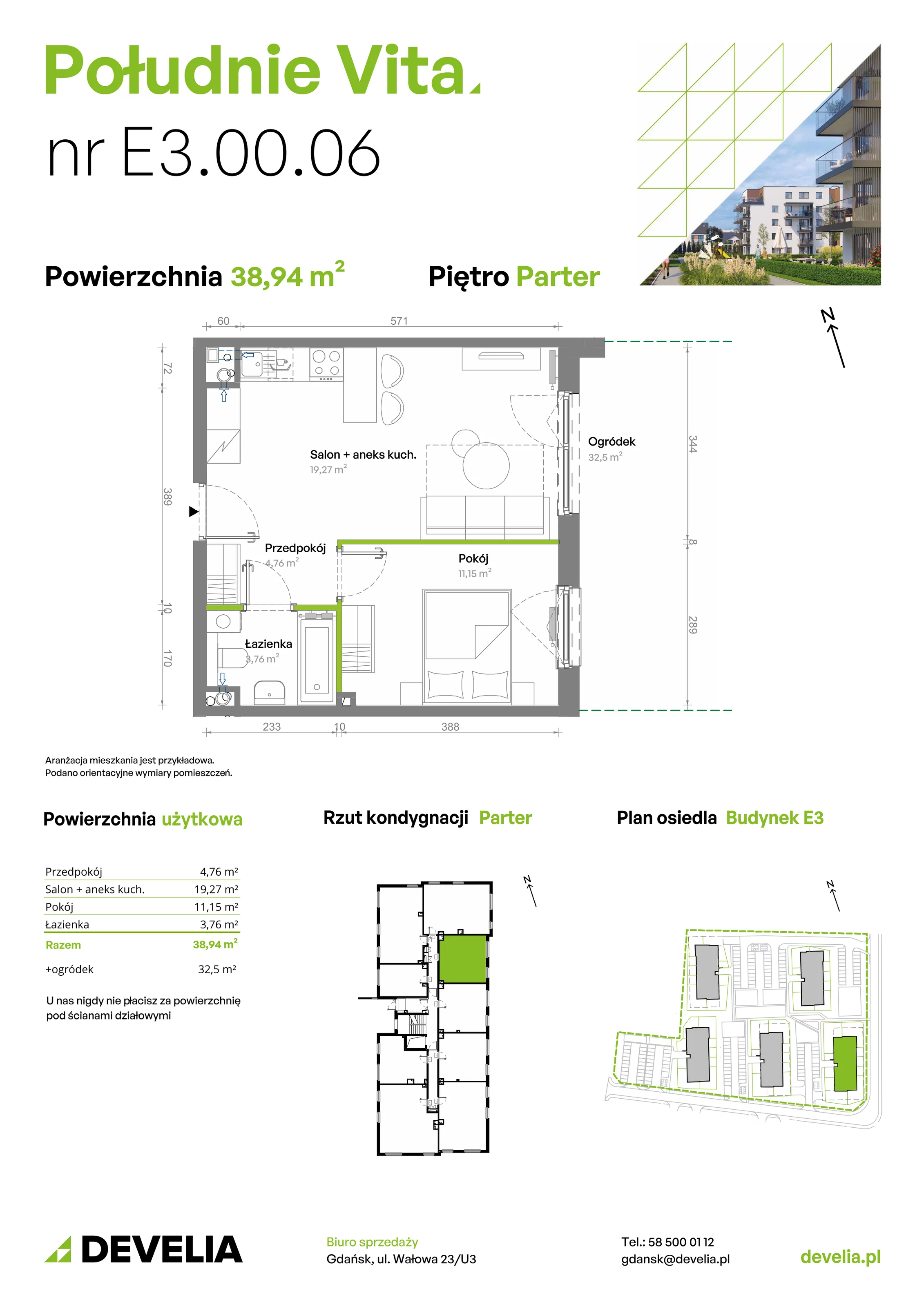 2 pokoje, mieszkanie 38,94 m², parter, oferta nr E3.00.06, Południe Vita etap III, Gdańsk, Orunia Górna-Gdańsk Południe, ul. Kazimierza Wielkiego 