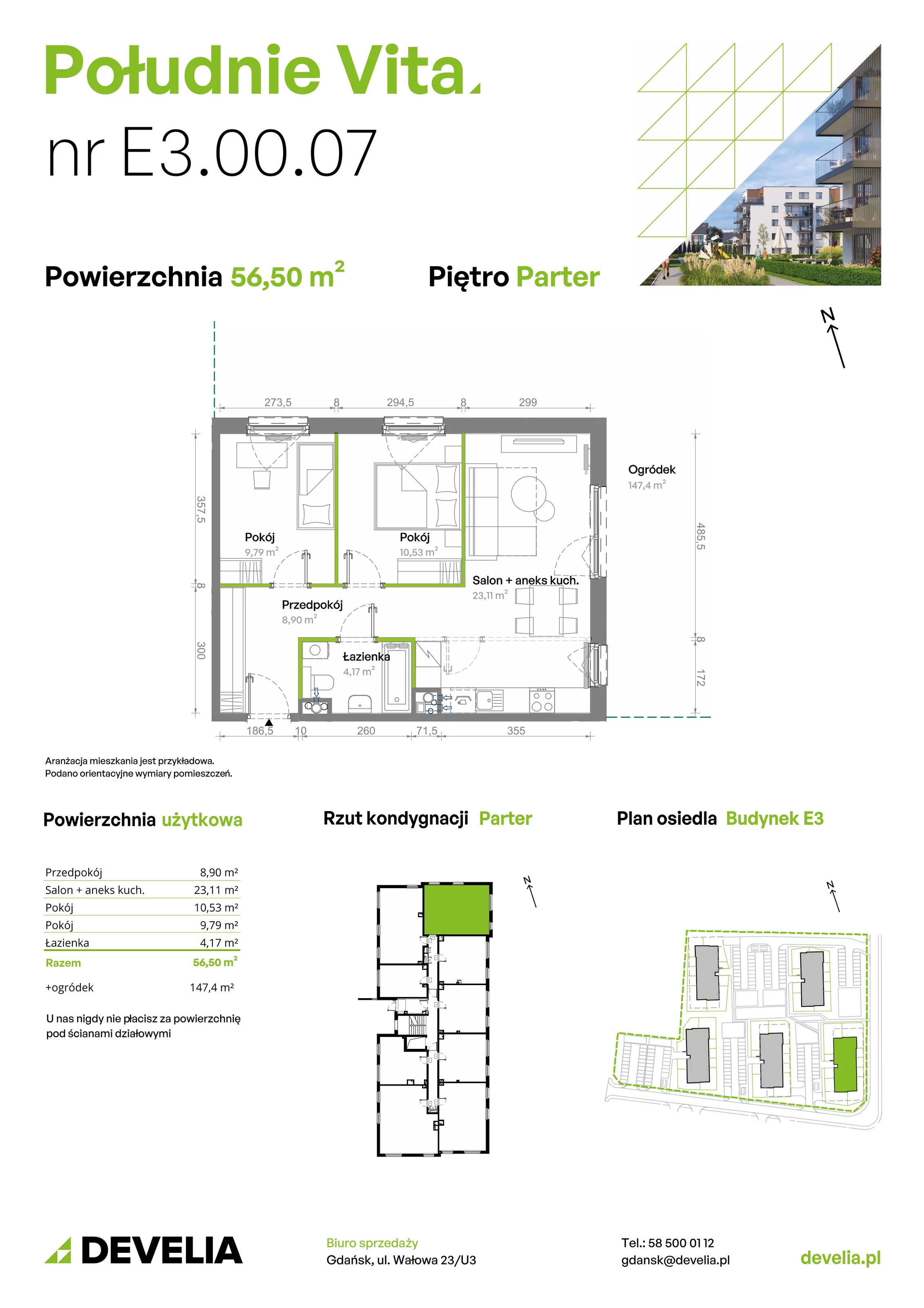 3 pokoje, mieszkanie 56,50 m², parter, oferta nr E3.00.07, Południe Vita etap III, Gdańsk, Orunia Górna-Gdańsk Południe, ul. Kazimierza Wielkiego 