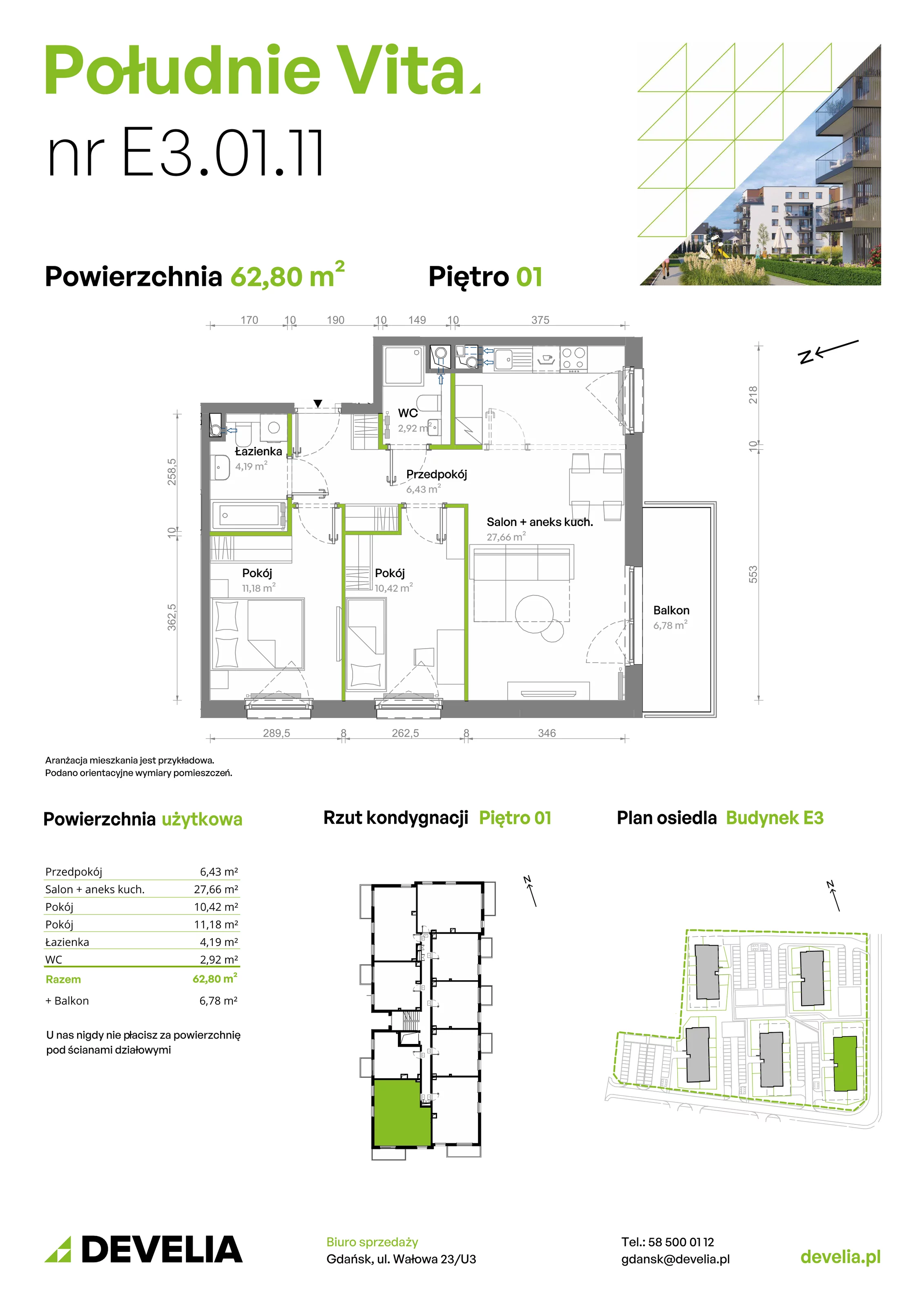 3 pokoje, mieszkanie 62,80 m², piętro 1, oferta nr E3.01.11, Południe Vita etap III, Gdańsk, Orunia Górna-Gdańsk Południe, ul. Kazimierza Wielkiego 