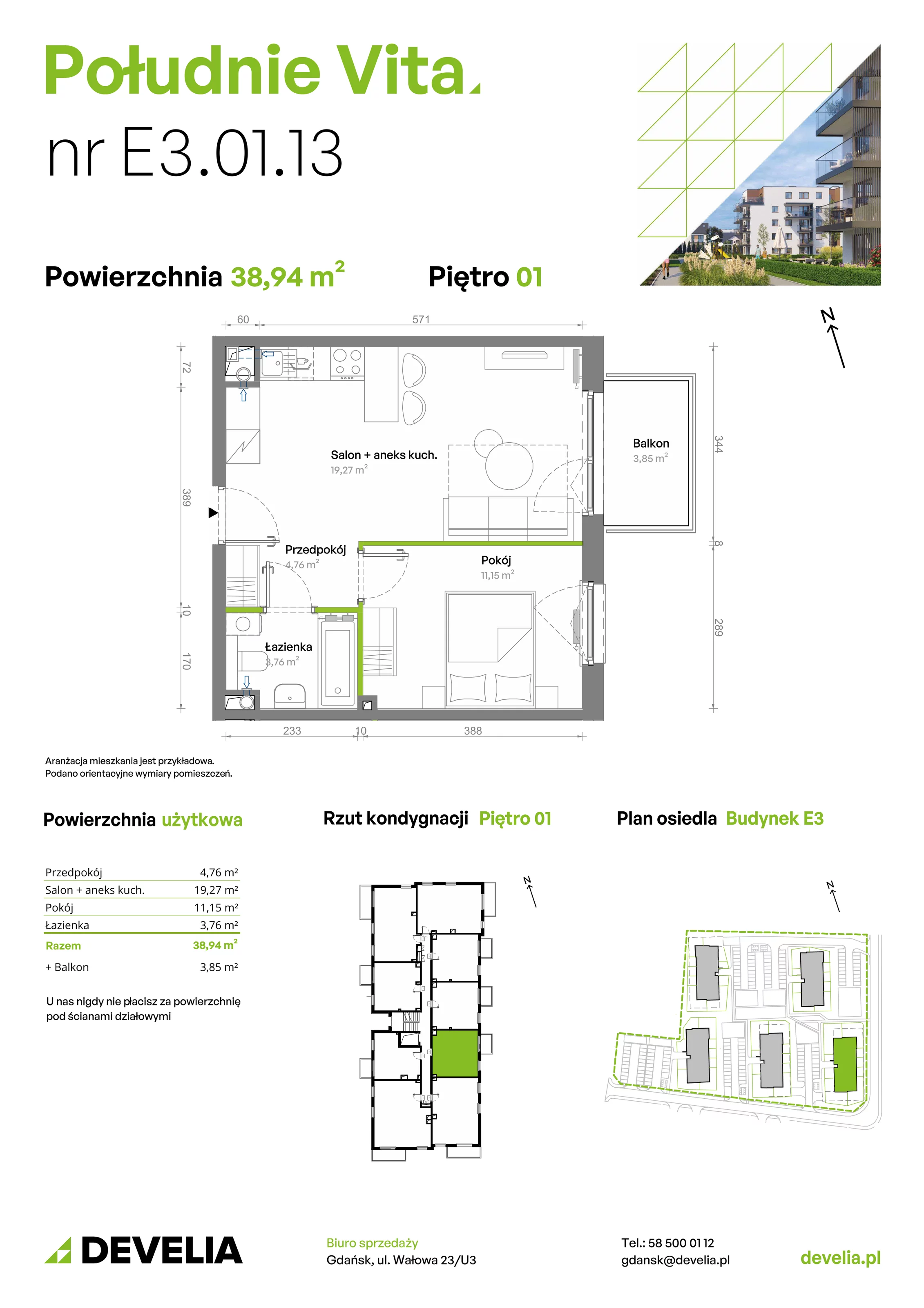 2 pokoje, mieszkanie 38,94 m², piętro 1, oferta nr E3.01.13, Południe Vita etap III, Gdańsk, Orunia Górna-Gdańsk Południe, ul. Kazimierza Wielkiego 