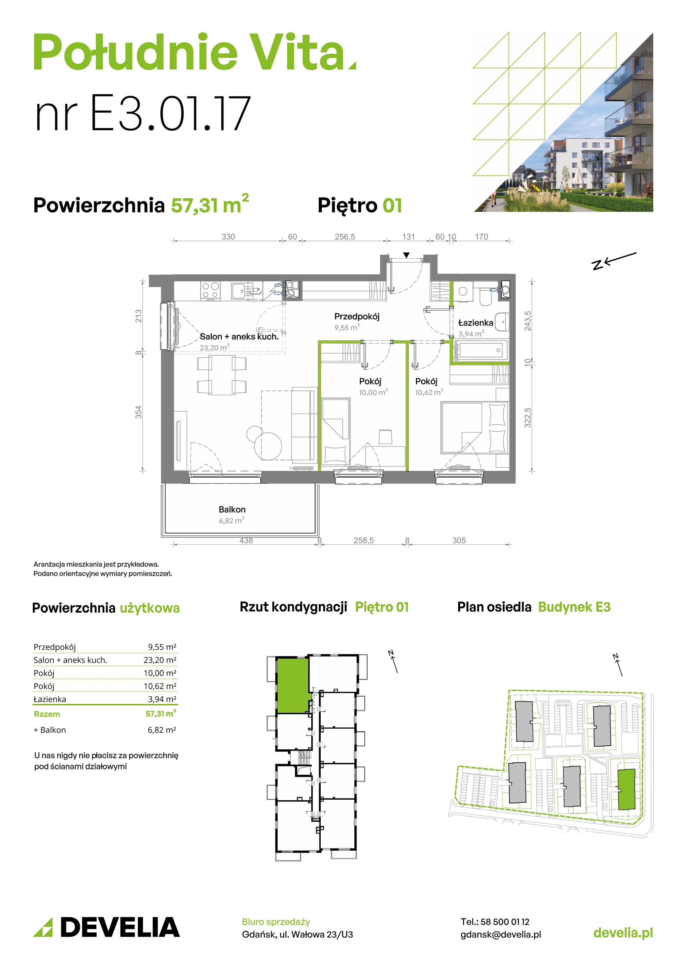 3 pokoje, mieszkanie 57,31 m², piętro 1, oferta nr E3.01.17, Południe Vita etap III, Gdańsk, Orunia Górna-Gdańsk Południe, ul. Kazimierza Wielkiego 