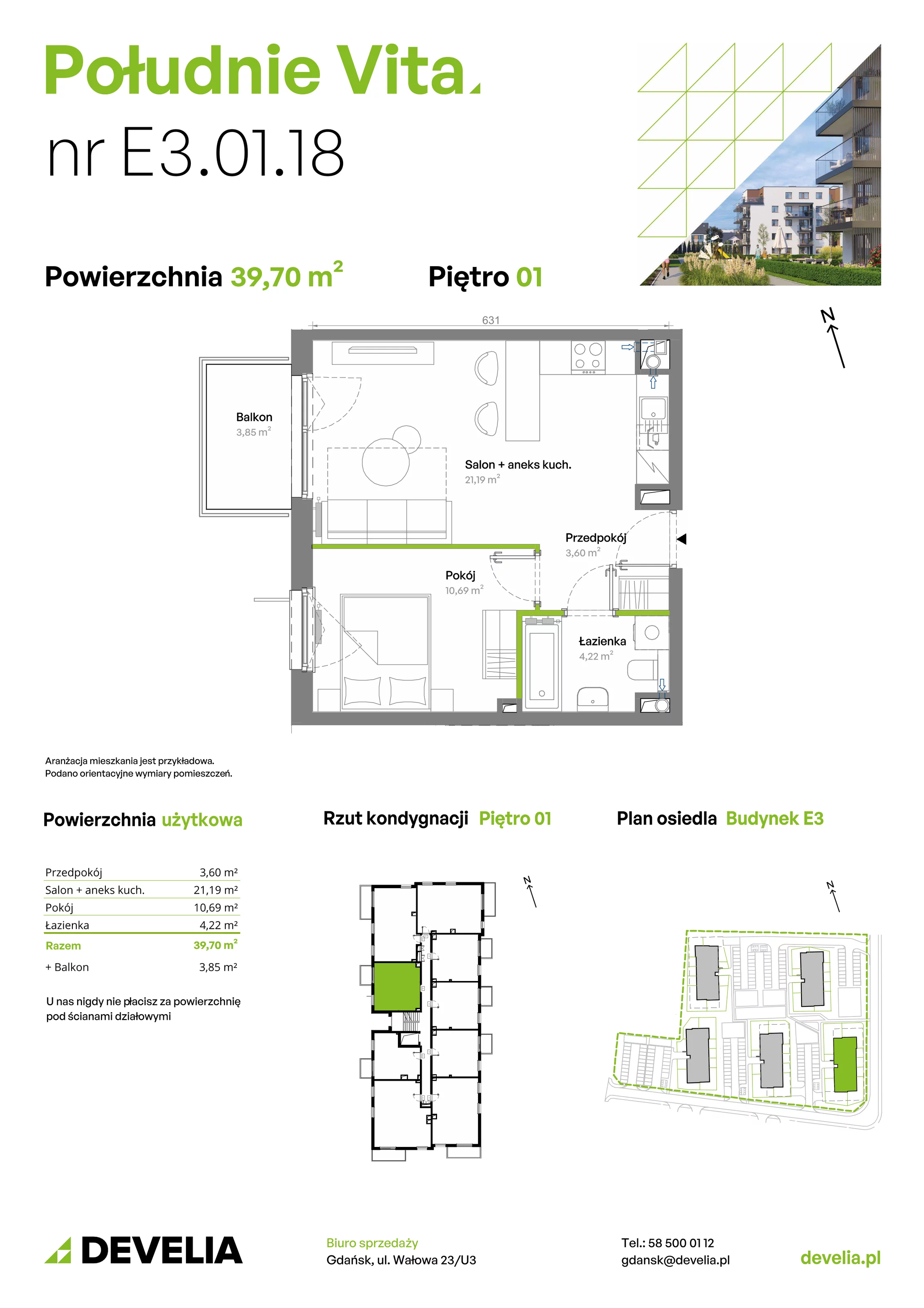 2 pokoje, mieszkanie 39,70 m², piętro 1, oferta nr E3.01.18, Południe Vita etap III, Gdańsk, Orunia Górna-Gdańsk Południe, ul. Kazimierza Wielkiego 