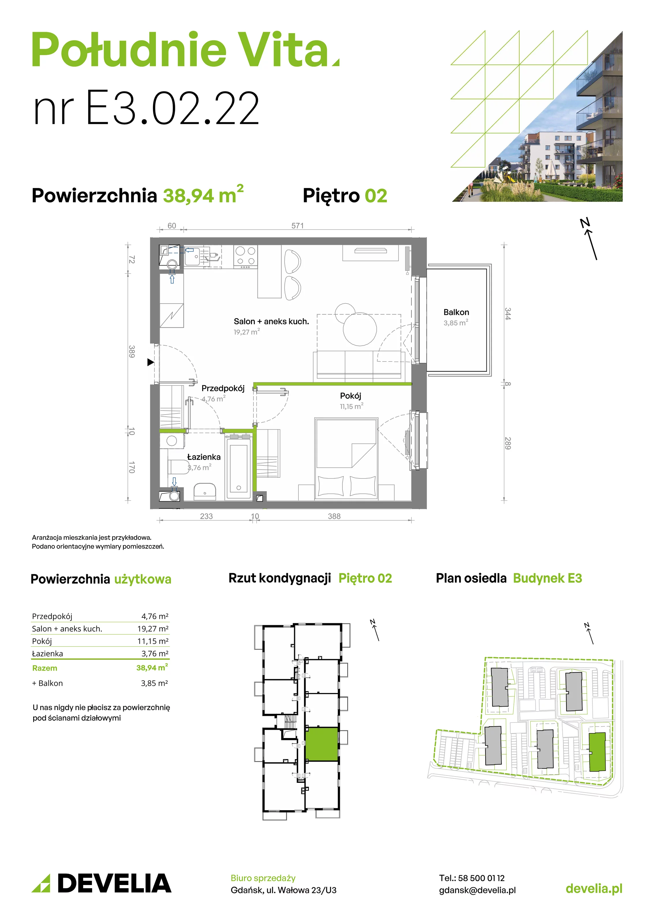 2 pokoje, mieszkanie 38,94 m², piętro 2, oferta nr E3.02.22, Południe Vita etap III, Gdańsk, Orunia Górna-Gdańsk Południe, ul. Kazimierza Wielkiego 