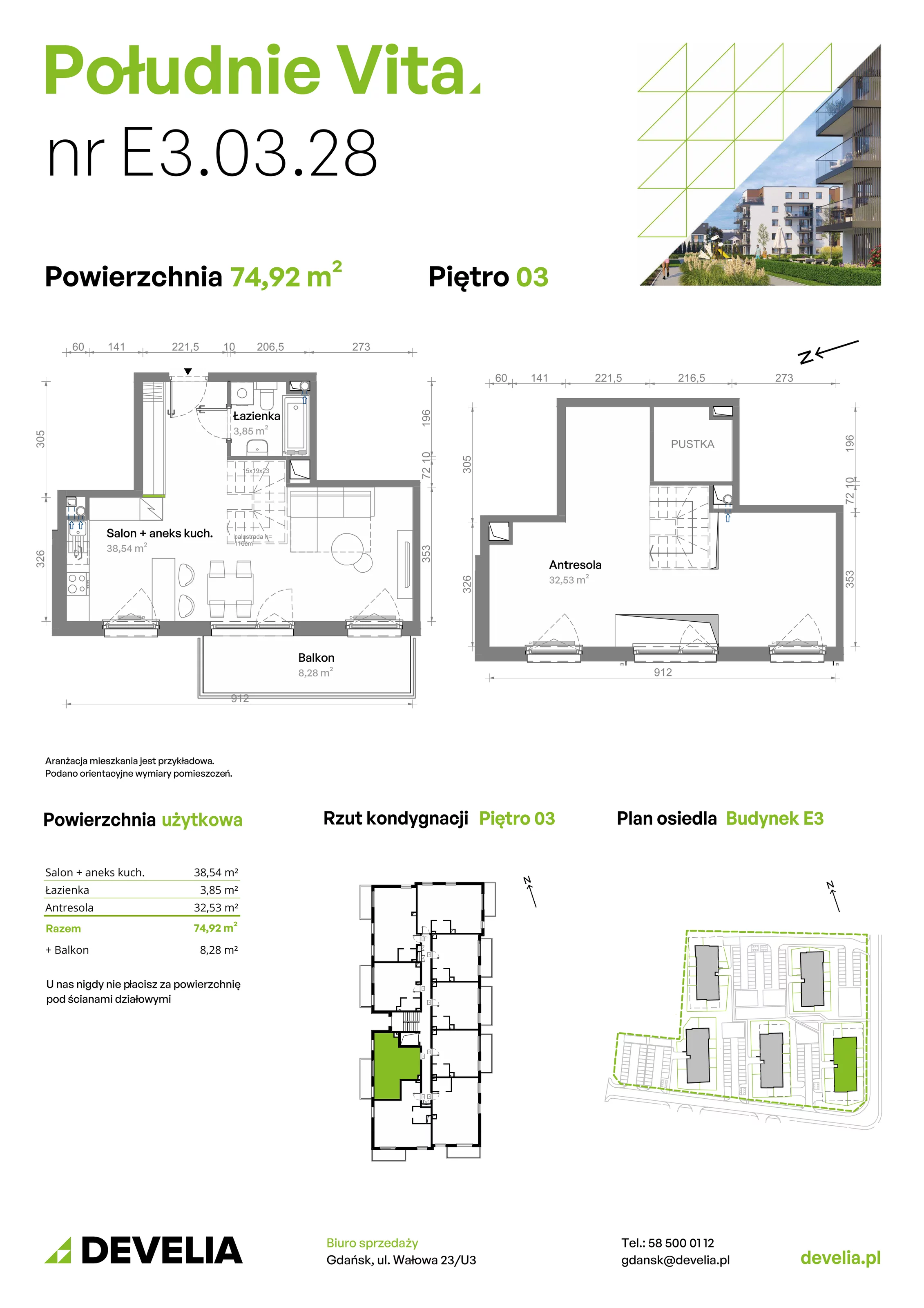 3 pokoje, mieszkanie 74,92 m², piętro 3, oferta nr E3.03.28, Południe Vita etap III, Gdańsk, Orunia Górna-Gdańsk Południe, ul. Kazimierza Wielkiego 