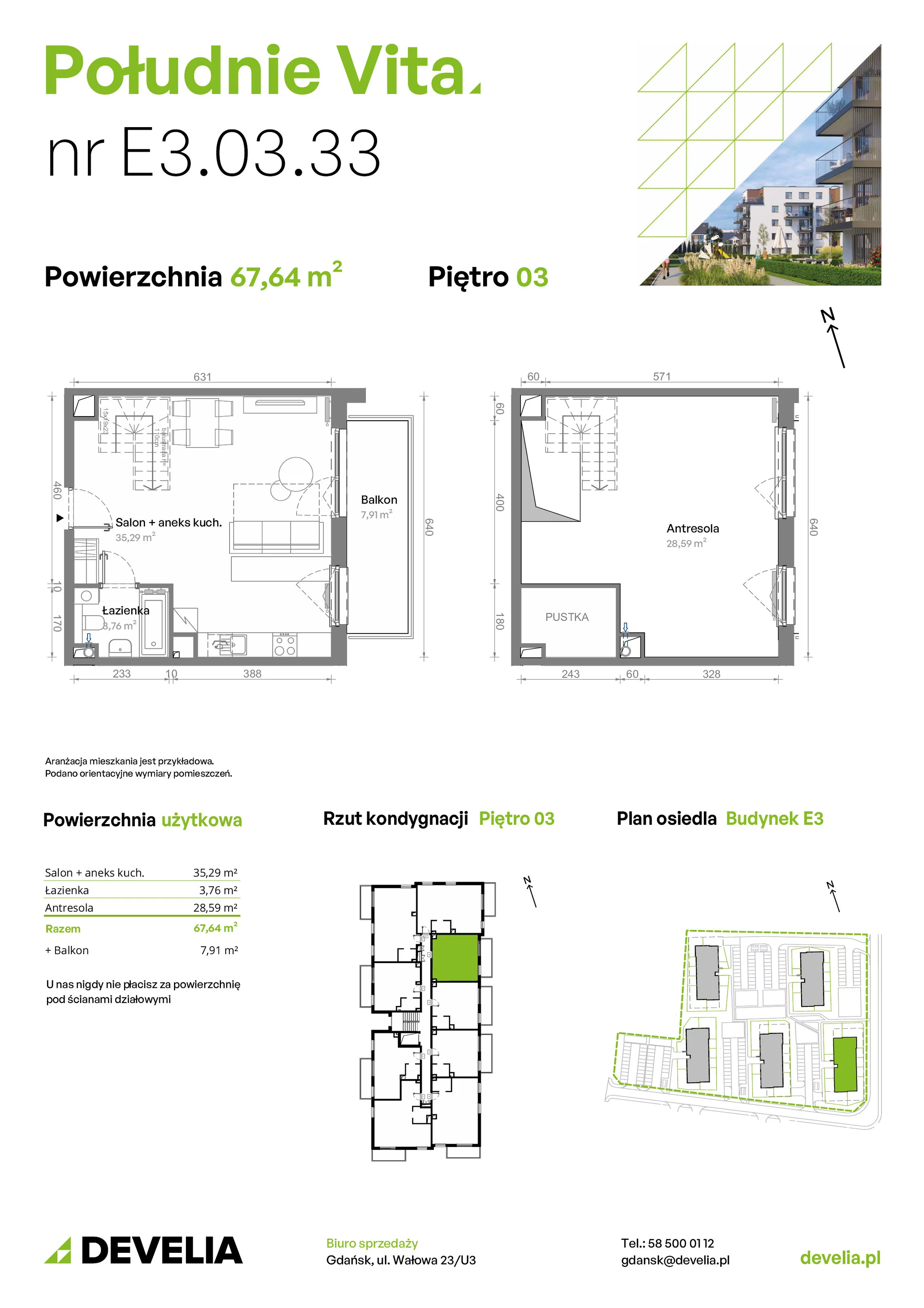 3 pokoje, mieszkanie 67,64 m², piętro 3, oferta nr E3.03.33, Południe Vita etap III, Gdańsk, Orunia Górna-Gdańsk Południe, ul. Kazimierza Wielkiego 