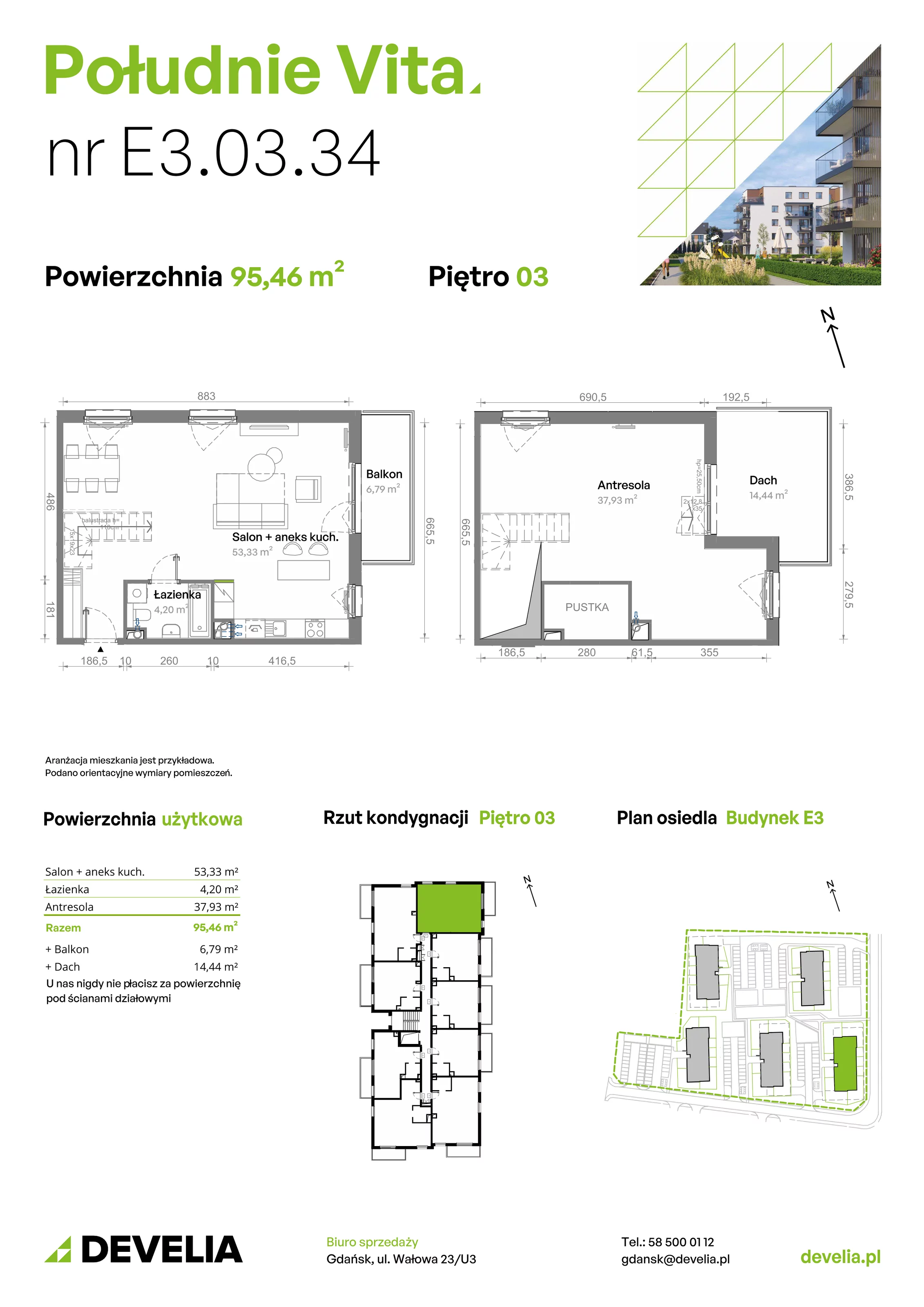 4 pokoje, mieszkanie 95,46 m², piętro 3, oferta nr E3.03.34, Południe Vita etap III, Gdańsk, Orunia Górna-Gdańsk Południe, ul. Kazimierza Wielkiego 