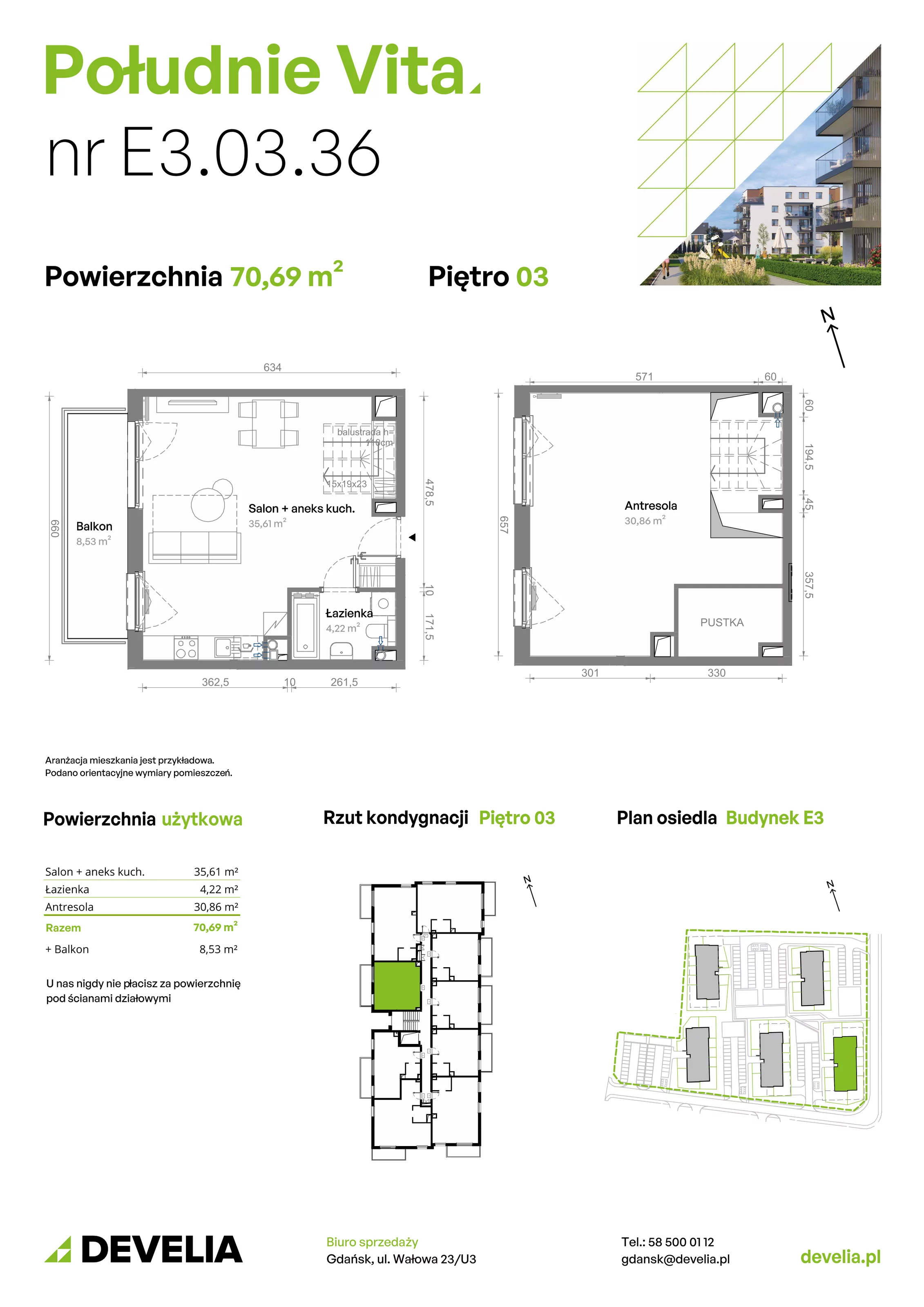 3 pokoje, mieszkanie 70,69 m², piętro 3, oferta nr E3.03.36, Południe Vita etap III, Gdańsk, Orunia Górna-Gdańsk Południe, ul. Kazimierza Wielkiego 