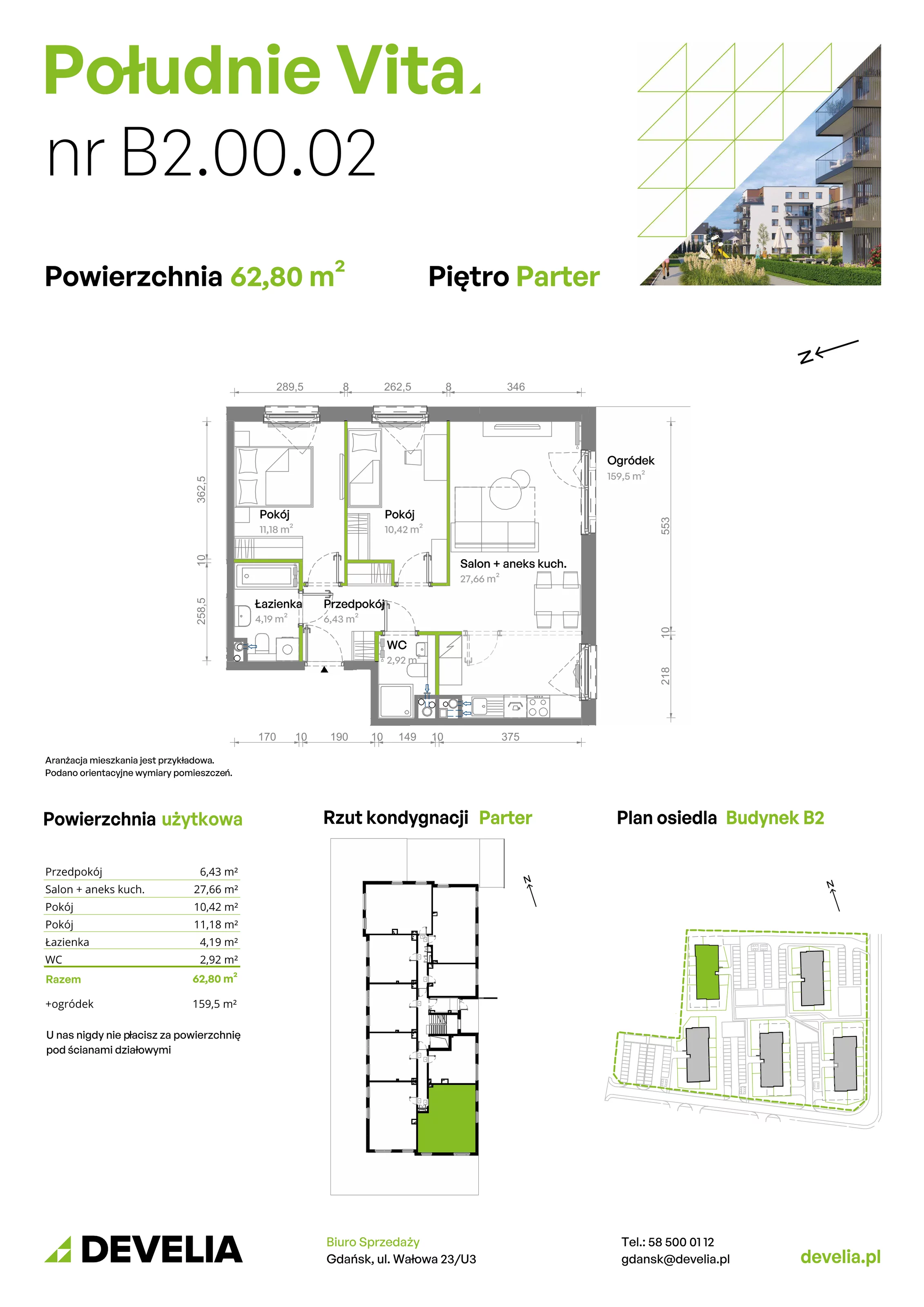 3 pokoje, mieszkanie 62,80 m², parter, oferta nr B2.00.02, Południe Vita etap III, Gdańsk, Orunia Górna-Gdańsk Południe, ul. Kazimierza Wielkiego 