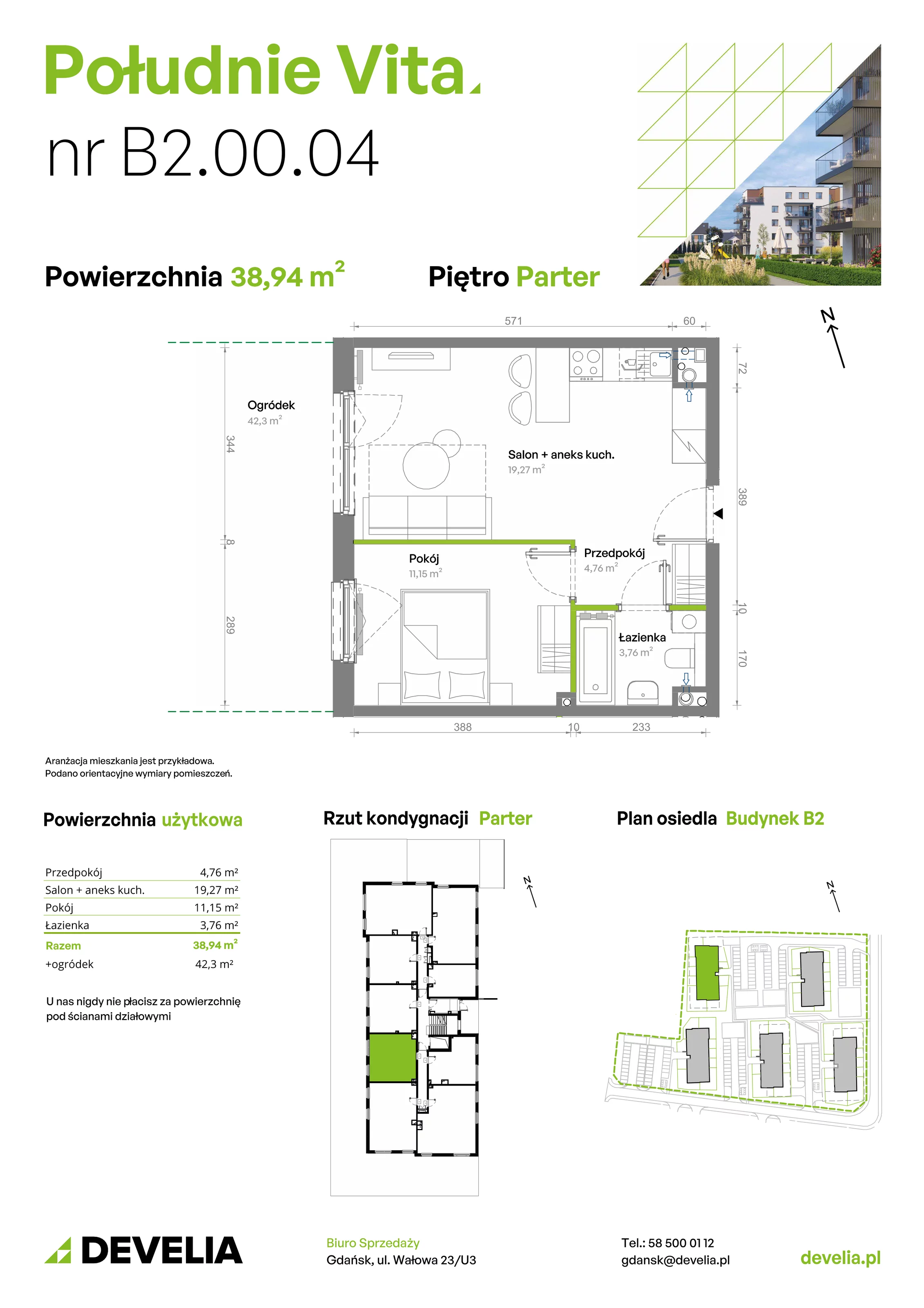 2 pokoje, mieszkanie 38,94 m², parter, oferta nr B2.00.04, Południe Vita etap III, Gdańsk, Orunia Górna-Gdańsk Południe, ul. Kazimierza Wielkiego 