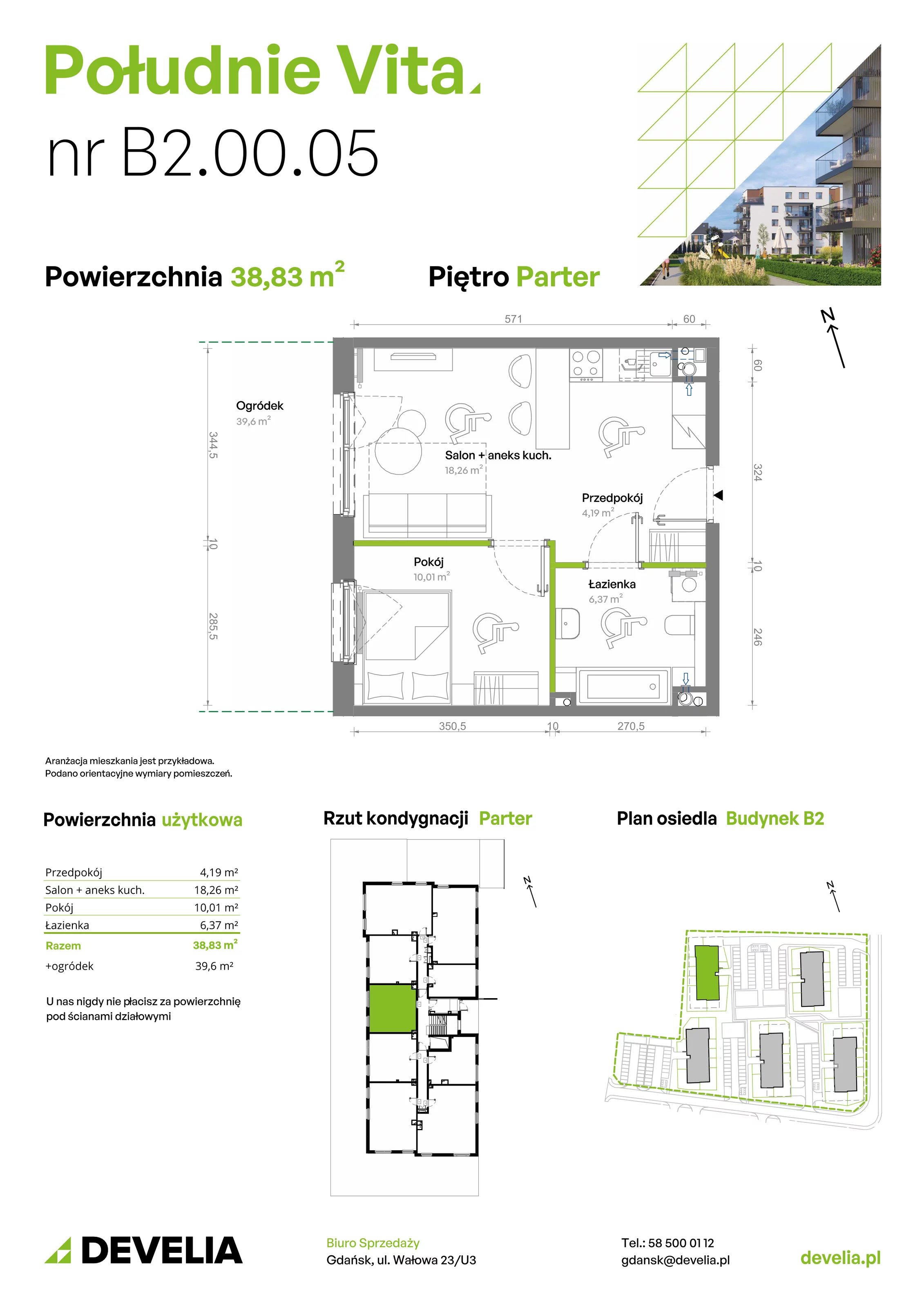 2 pokoje, mieszkanie 38,83 m², parter, oferta nr B2.00.05, Południe Vita etap III, Gdańsk, Orunia Górna-Gdańsk Południe, ul. Kazimierza Wielkiego 