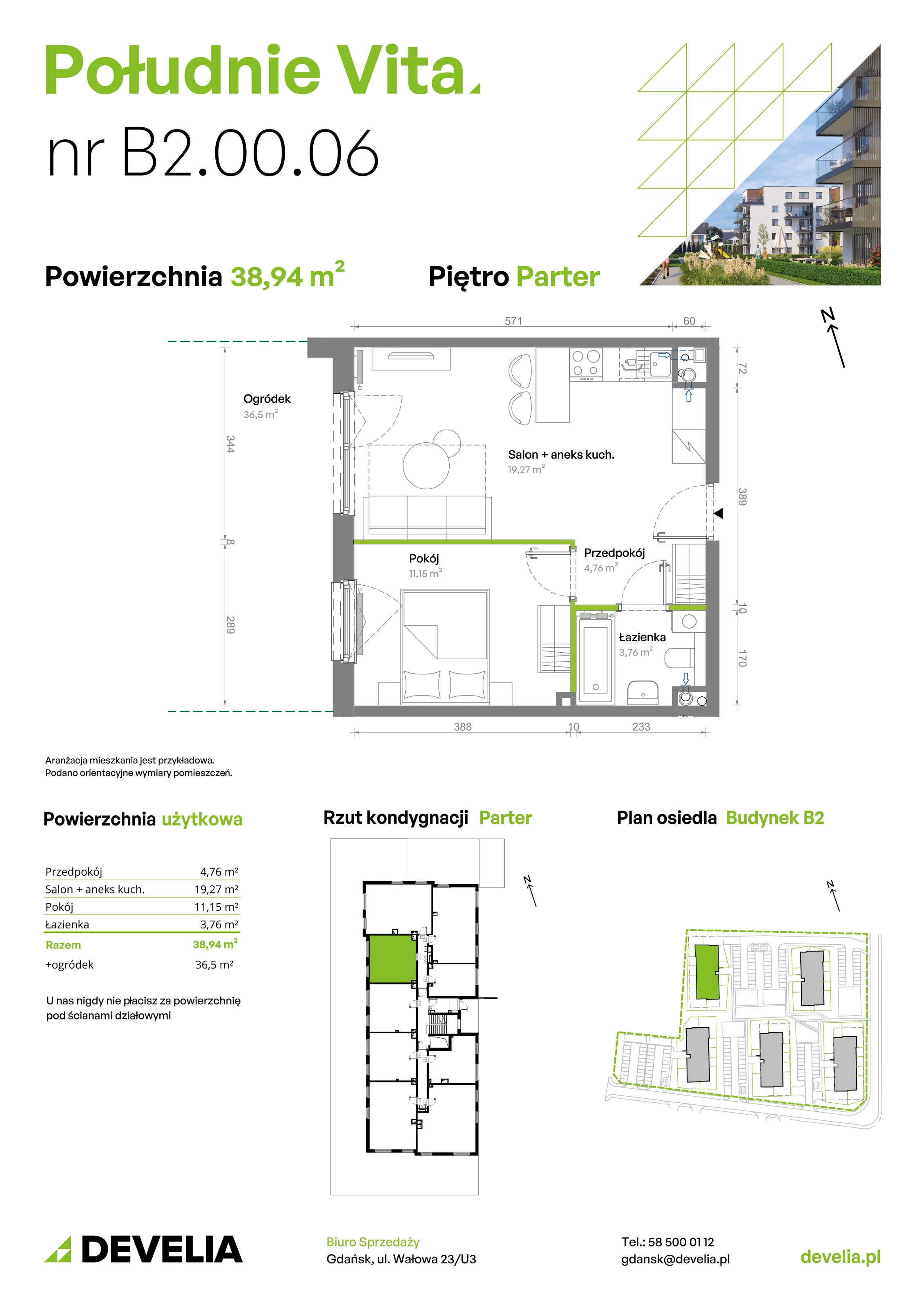 2 pokoje, mieszkanie 38,94 m², parter, oferta nr B2.00.06, Południe Vita etap III, Gdańsk, Orunia Górna-Gdańsk Południe, ul. Kazimierza Wielkiego 