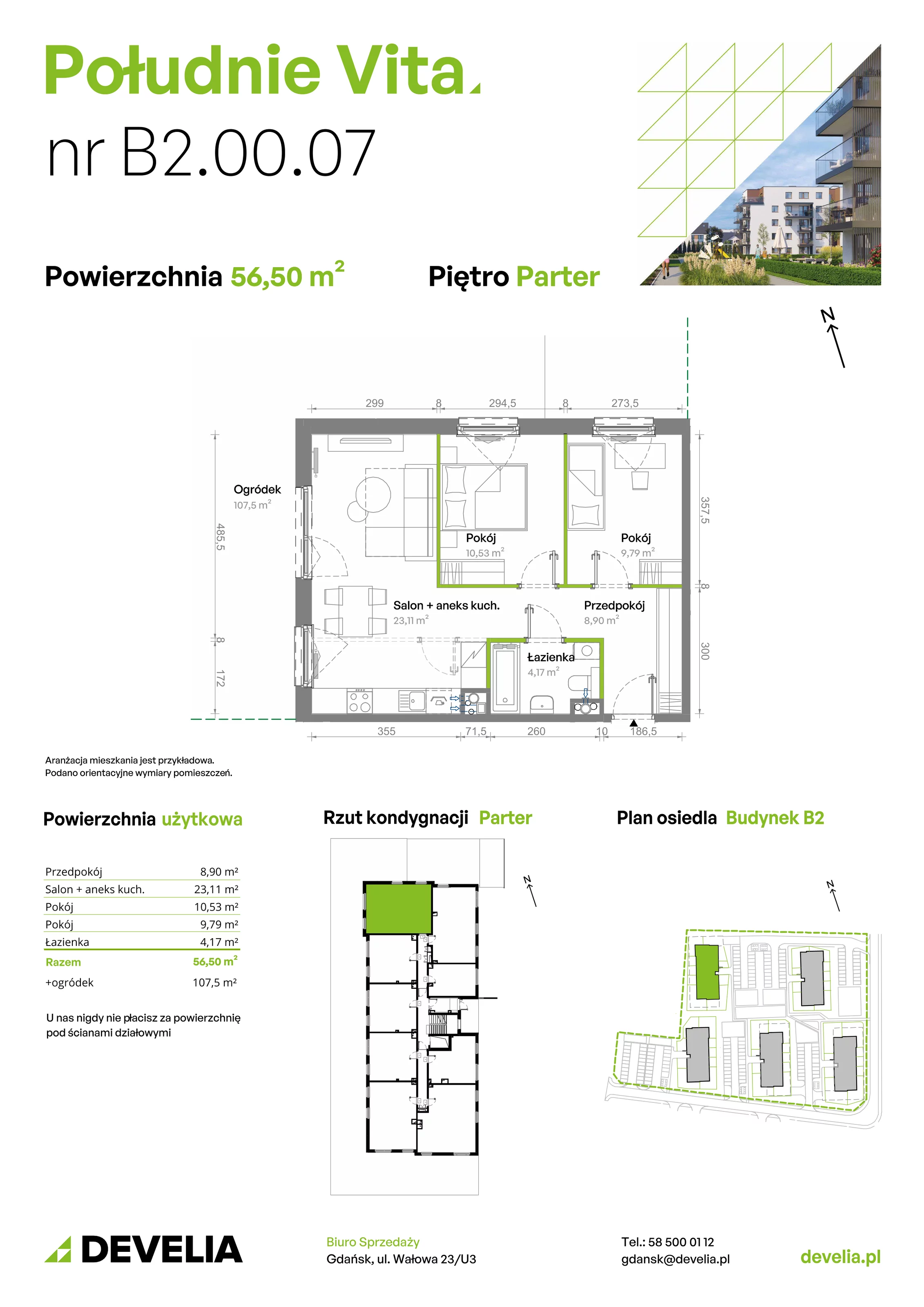 3 pokoje, mieszkanie 56,49 m², parter, oferta nr B2.00.07, Południe Vita etap III, Gdańsk, Orunia Górna-Gdańsk Południe, ul. Kazimierza Wielkiego 