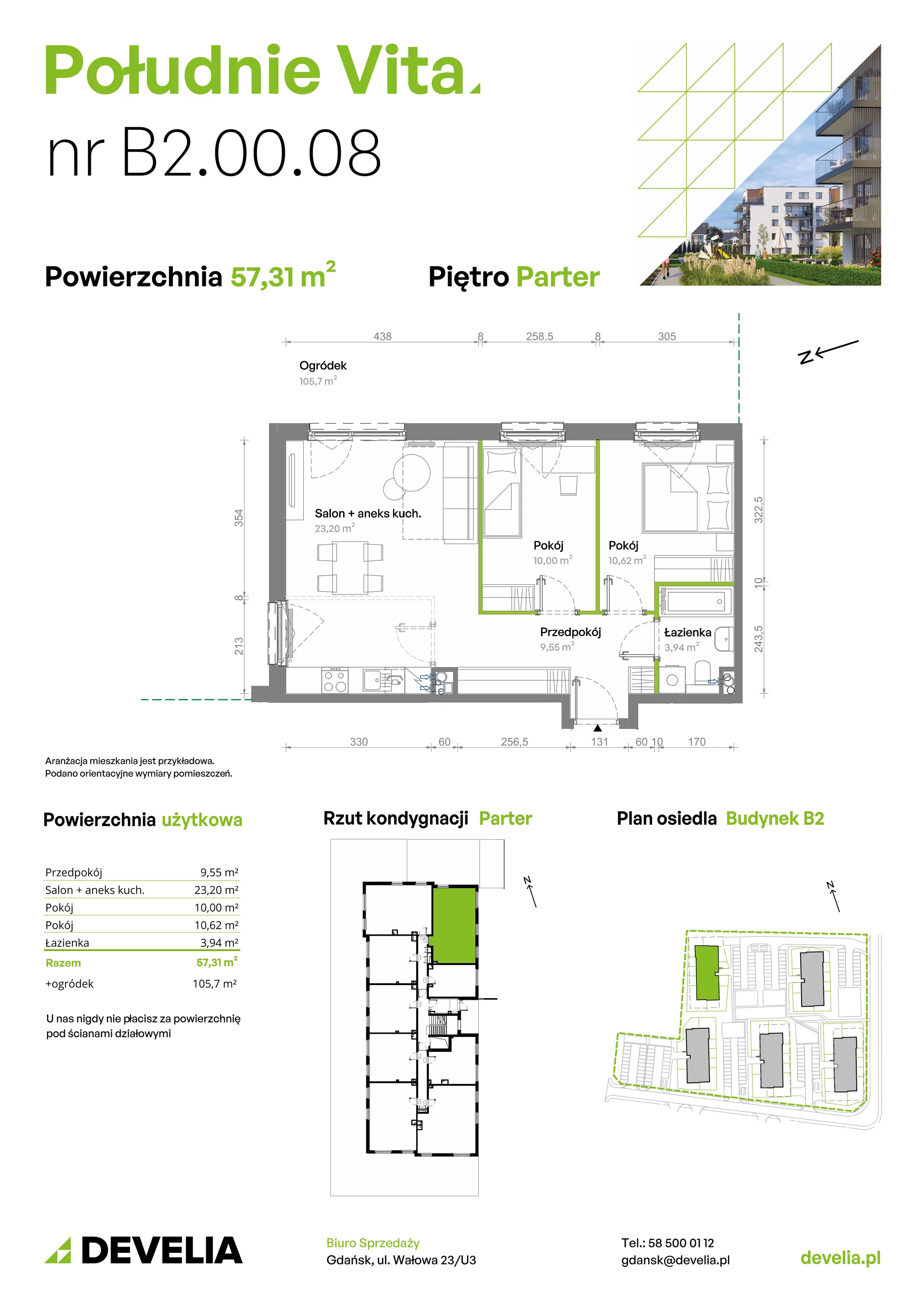 3 pokoje, mieszkanie 57,31 m², parter, oferta nr B2.00.08, Południe Vita etap III, Gdańsk, Orunia Górna-Gdańsk Południe, ul. Kazimierza Wielkiego 