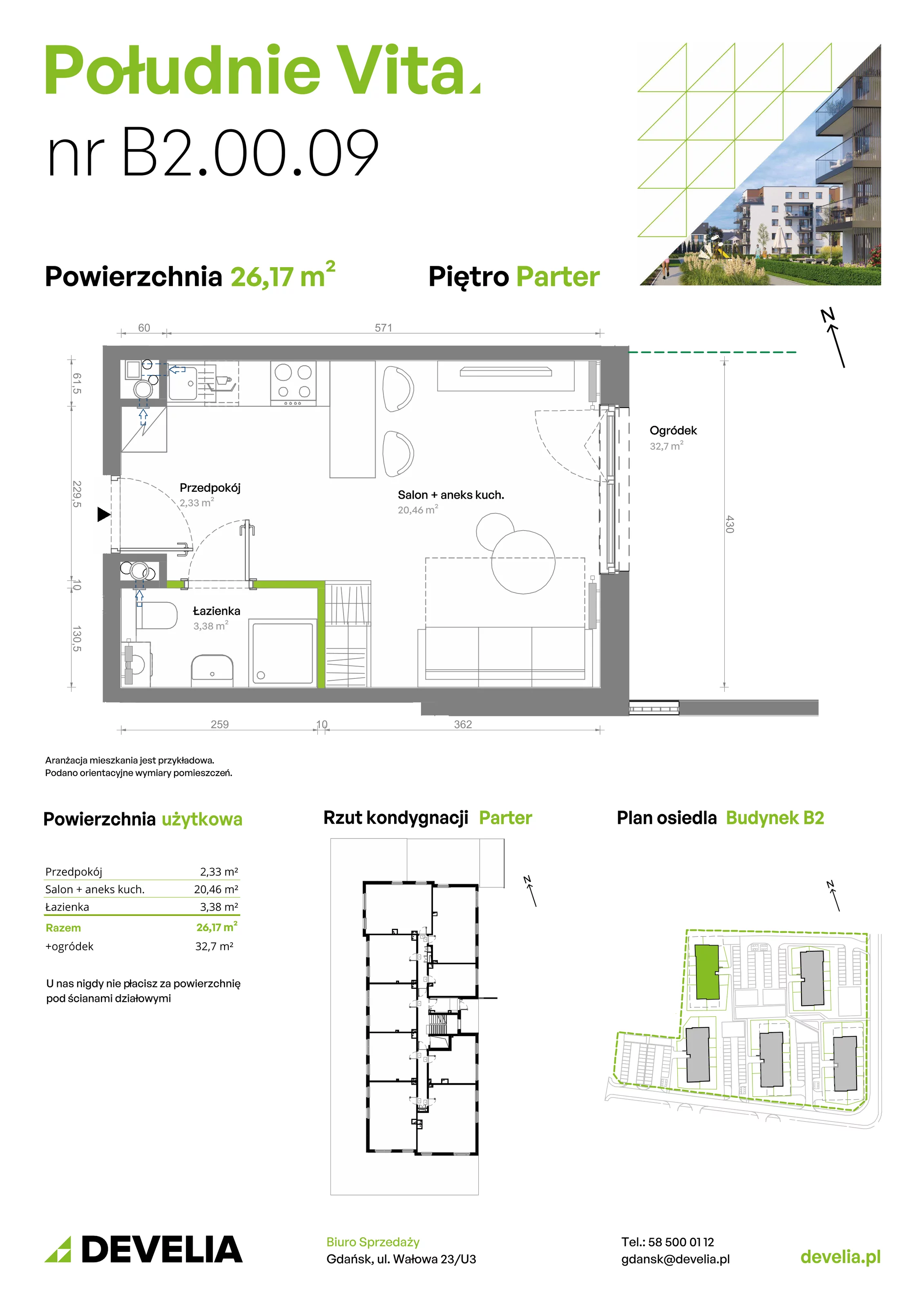 1 pokój, mieszkanie 26,17 m², parter, oferta nr B2.00.09, Południe Vita etap III, Gdańsk, Orunia Górna-Gdańsk Południe, ul. Kazimierza Wielkiego 