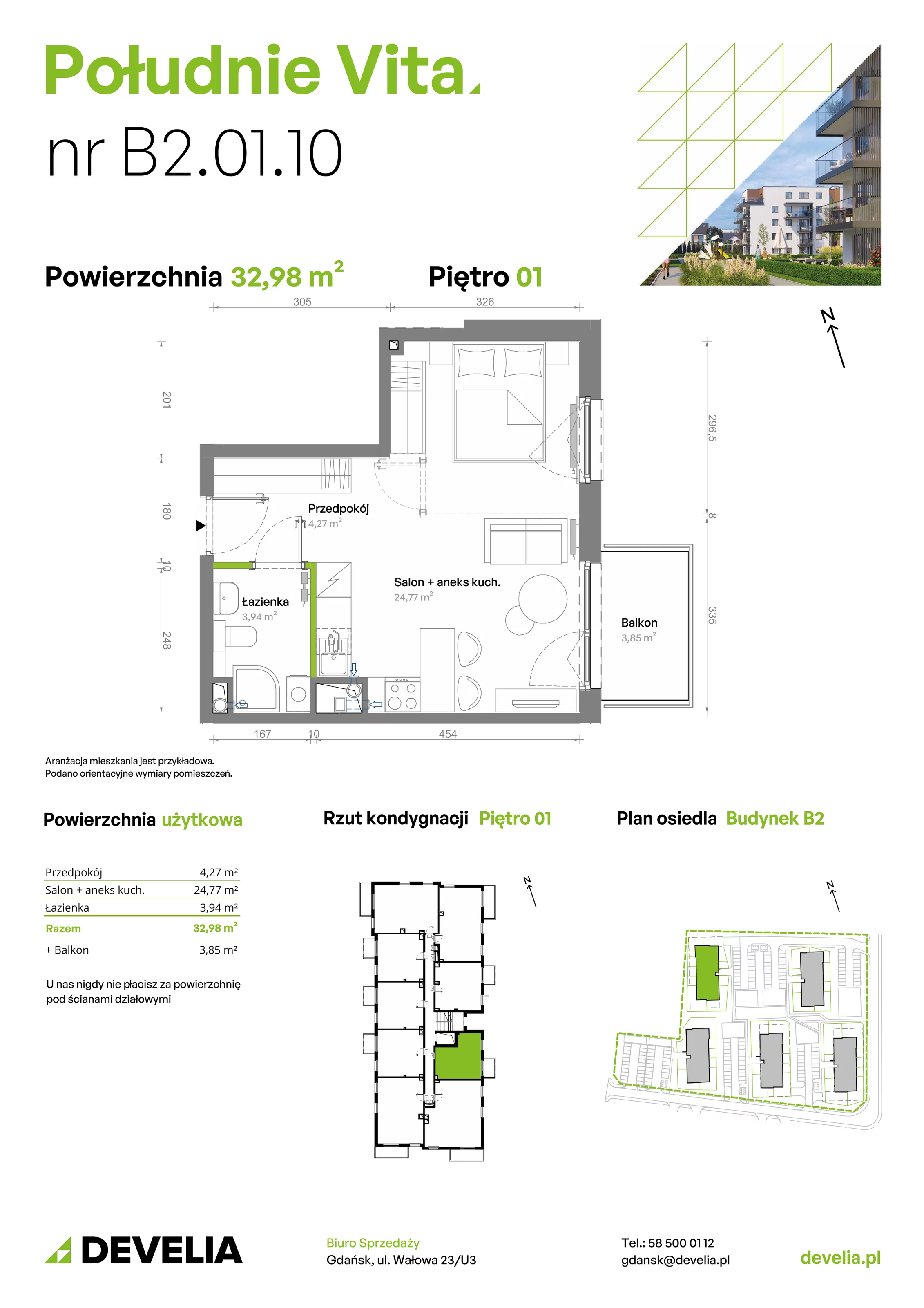 Mieszkanie 32,98 m², piętro 1, oferta nr B2.01.10, Południe Vita etap III, Gdańsk, Orunia Górna-Gdańsk Południe, ul. Kazimierza Wielkiego 