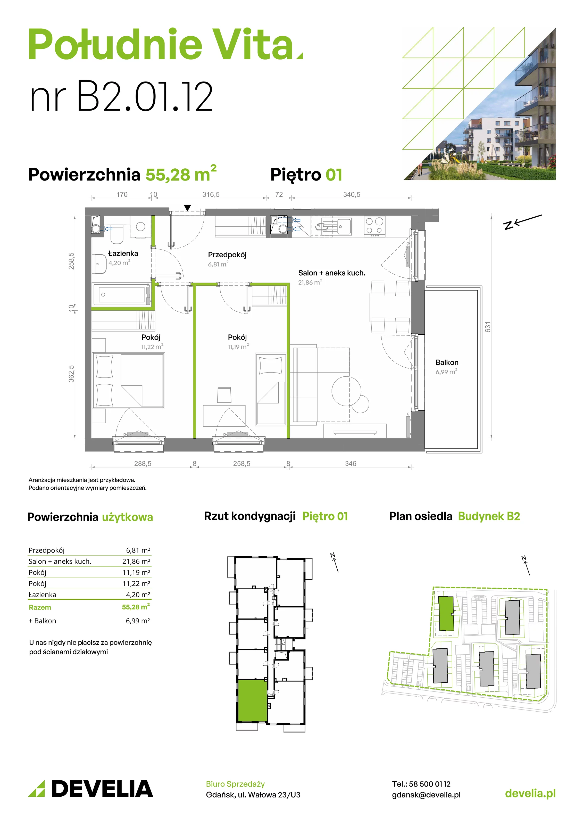 3 pokoje, mieszkanie 55,28 m², piętro 1, oferta nr B2.01.12, Południe Vita etap III, Gdańsk, Orunia Górna-Gdańsk Południe, ul. Kazimierza Wielkiego 