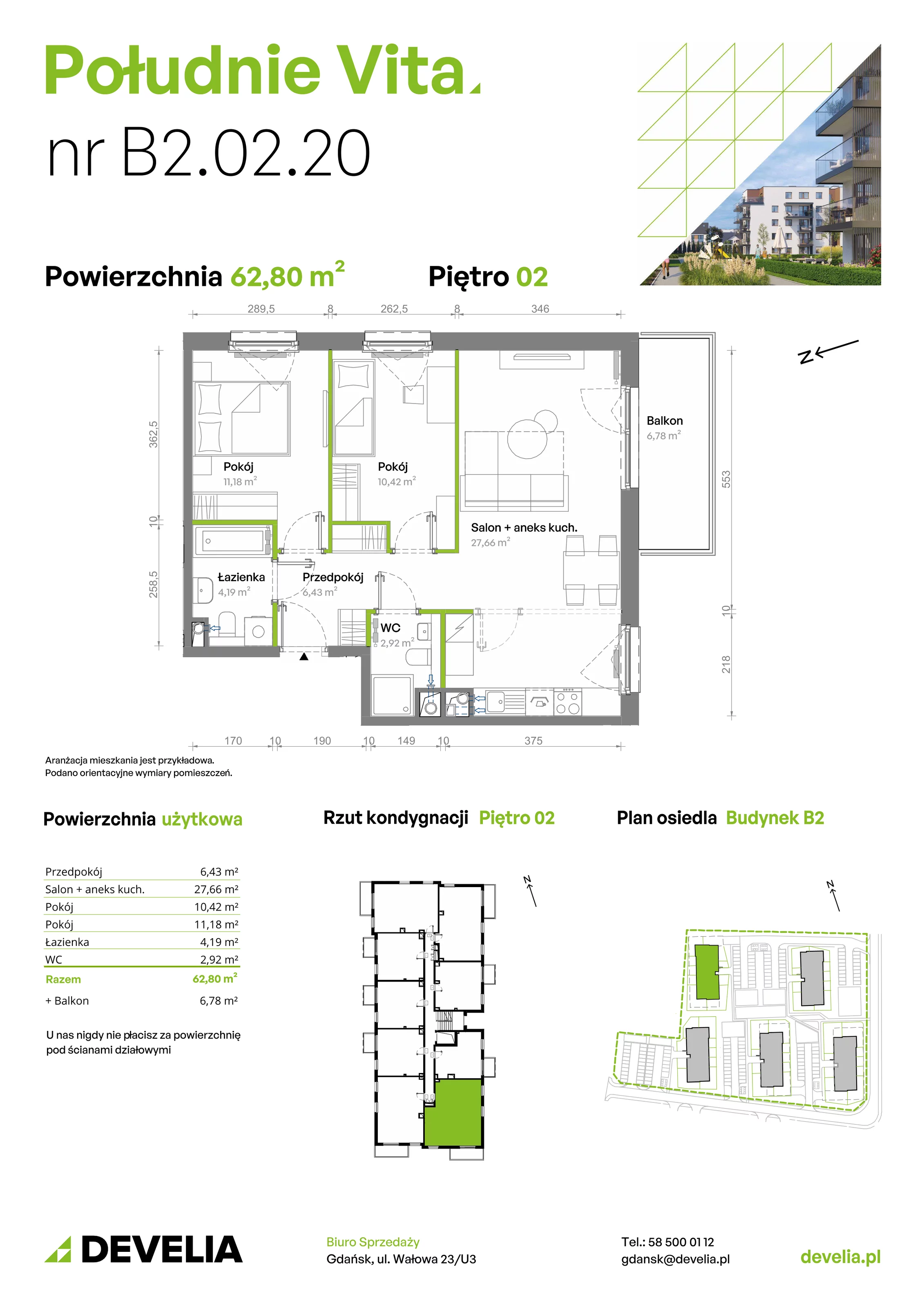 3 pokoje, mieszkanie 62,80 m², piętro 2, oferta nr B2.02.20, Południe Vita etap III, Gdańsk, Orunia Górna-Gdańsk Południe, ul. Kazimierza Wielkiego 