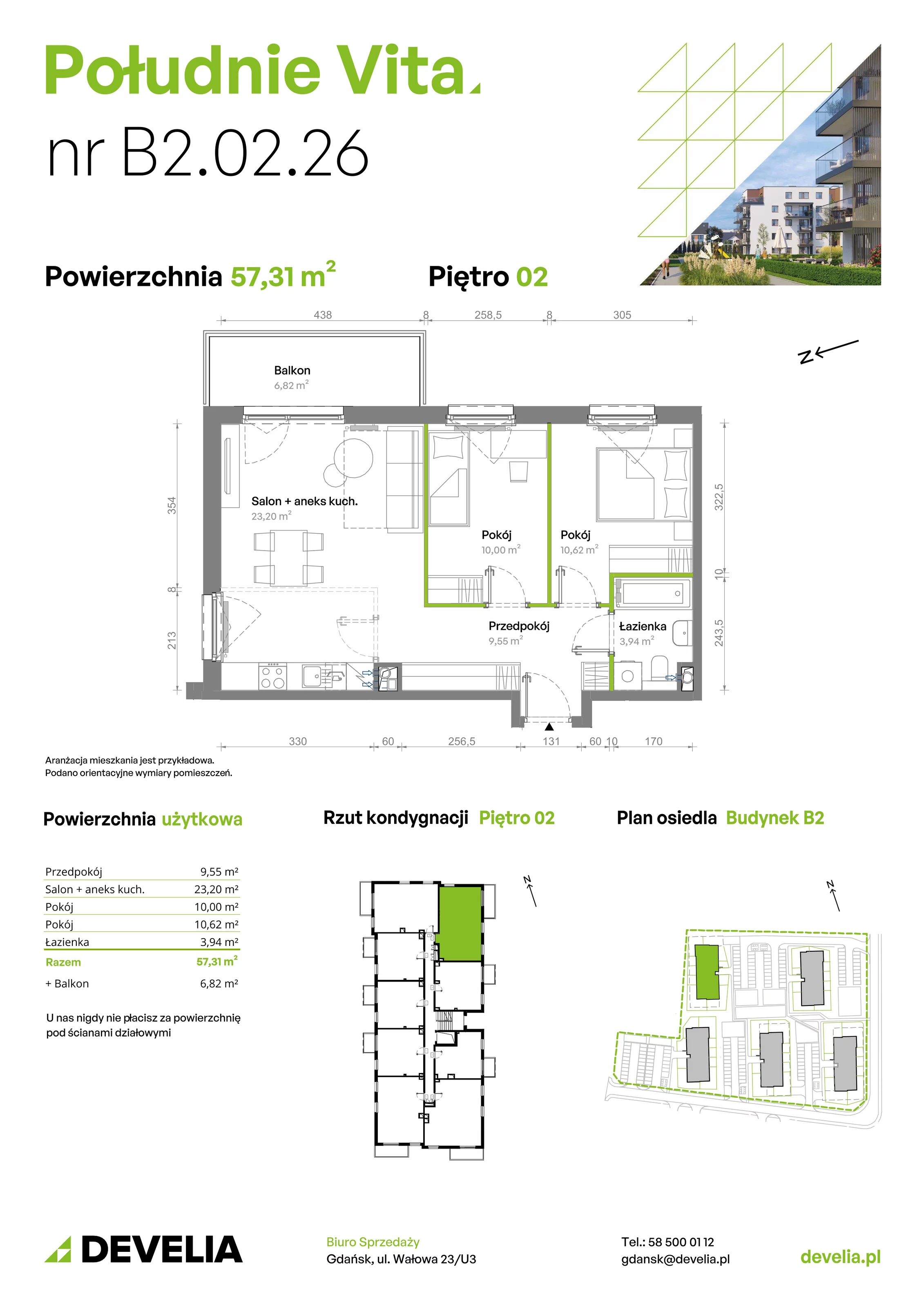 3 pokoje, mieszkanie 57,31 m², piętro 2, oferta nr B2.02.26, Południe Vita etap III, Gdańsk, Orunia Górna-Gdańsk Południe, ul. Kazimierza Wielkiego 